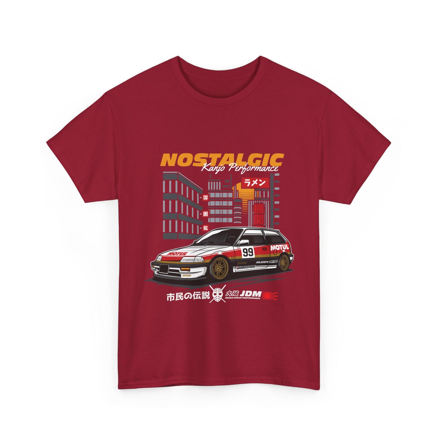 A red t-shirt featuring a graphic print of a classic Honda Civic drift car with 'Nostalgic' text, along with the logo of a well-known Japanese tire brand.