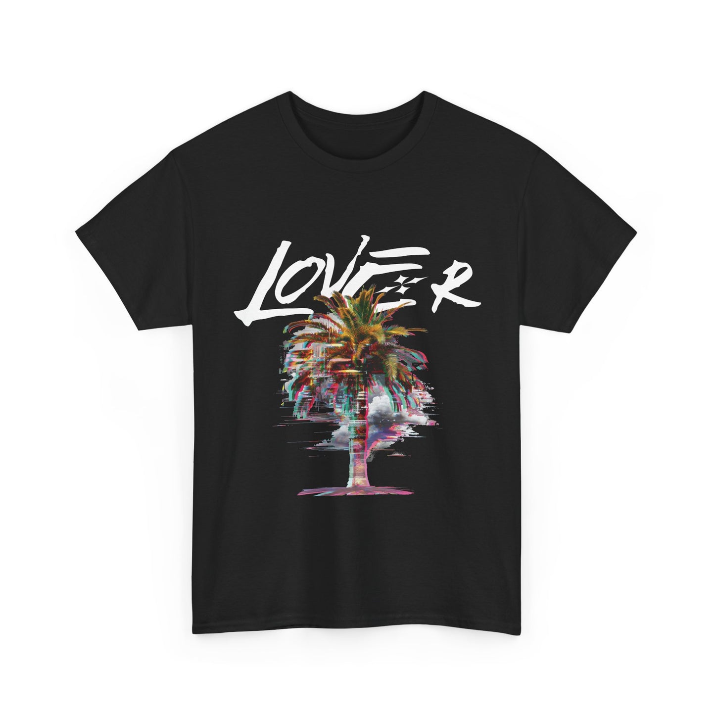 A black t-shirt with a colorful palm tree design and the word 'lover' across the front.