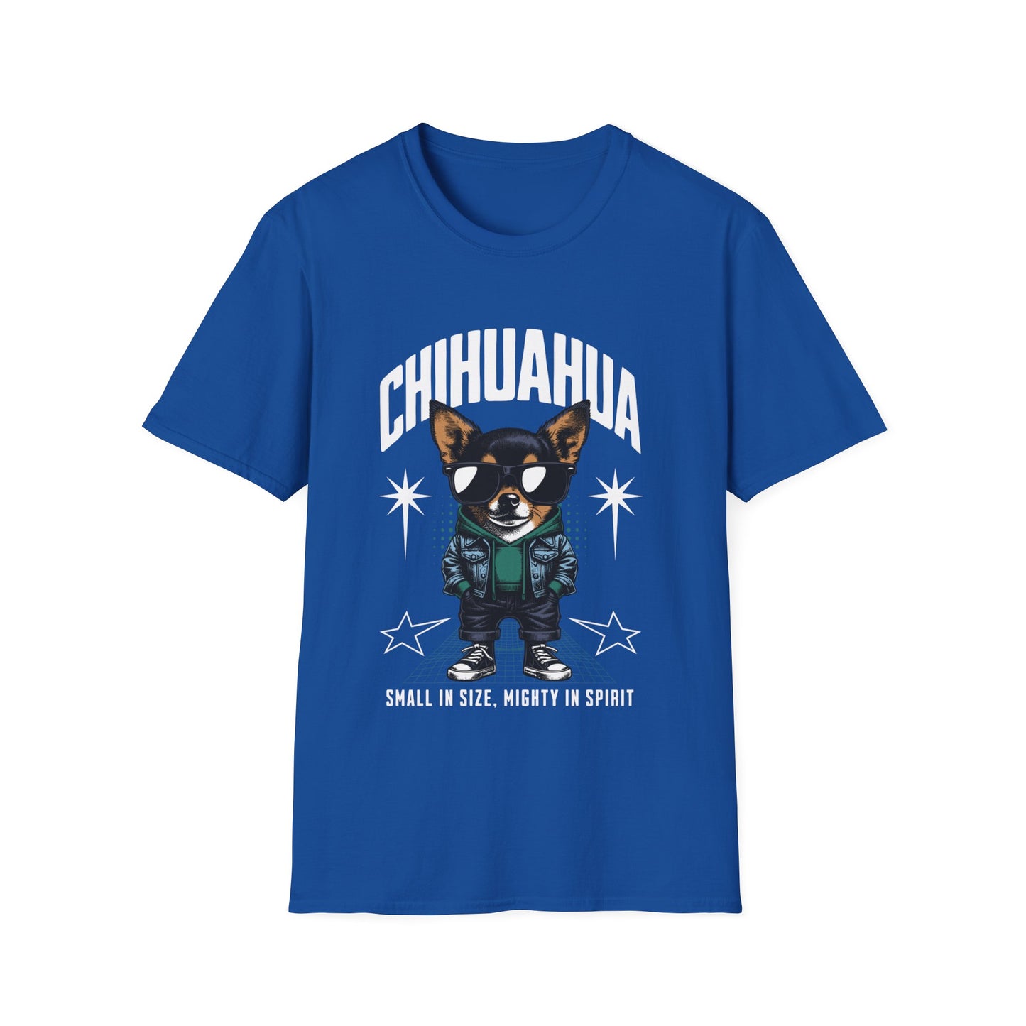 A royal blue graphic t-shirt featuring an illustration of a chihuahua dog with the text 'CHIHUAHUA' and star decorations.