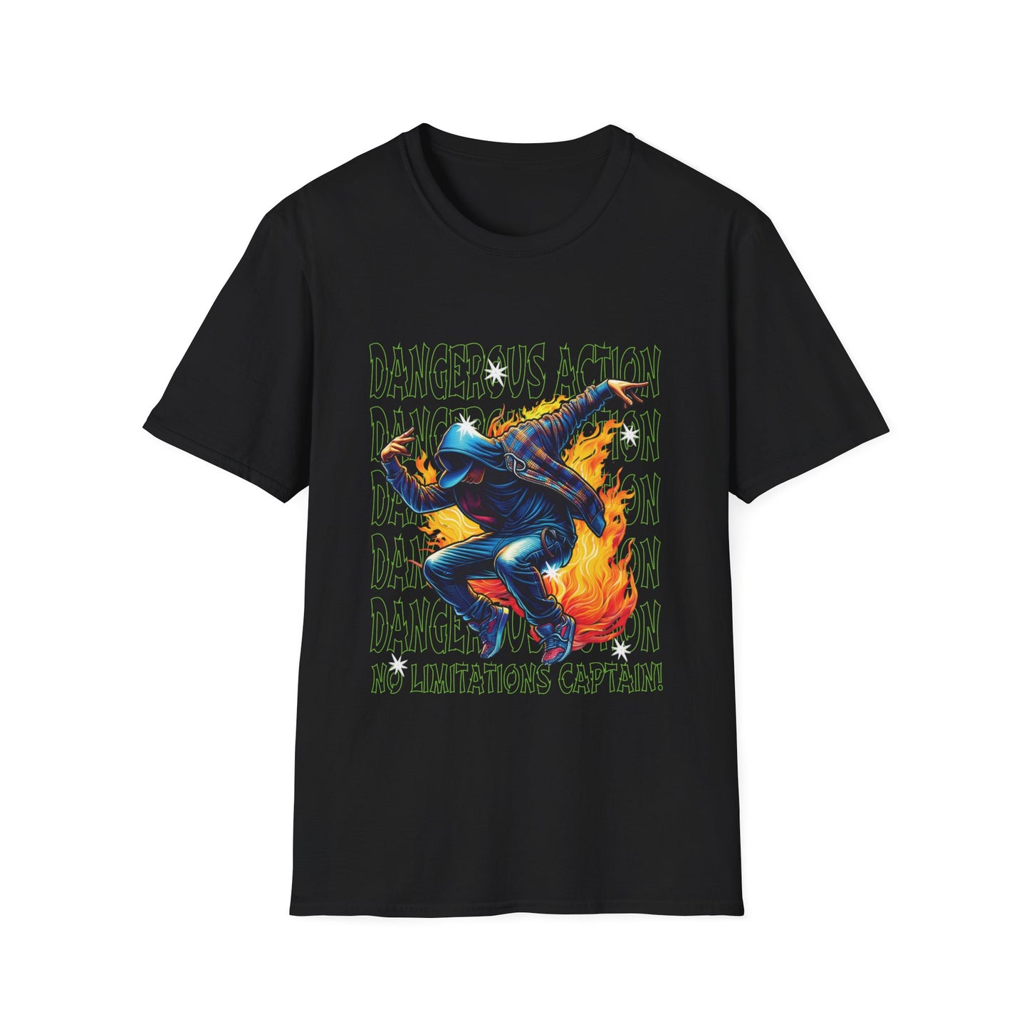 Men's black graphic t-shirt with a printed design featuring a stylized character and text related to hip hop music.