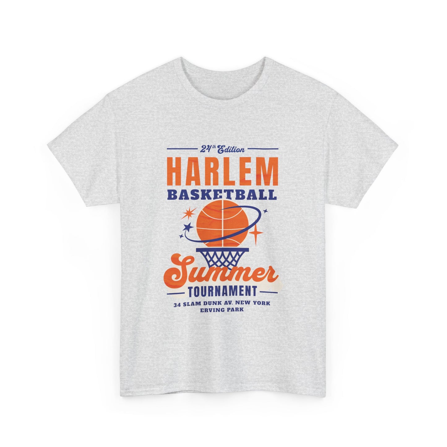 a ash grey t-shirt with Harlem Basketball Summer Tournament design