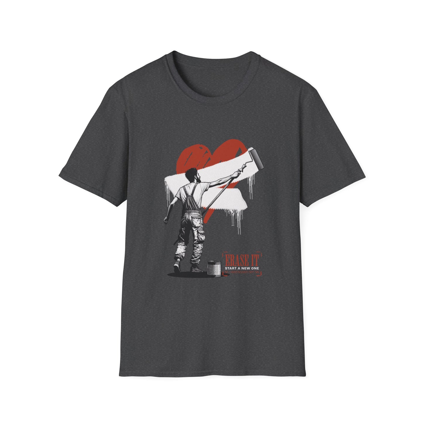a dark grey T-shirt depicting a man painting over a heart with a roller brush.