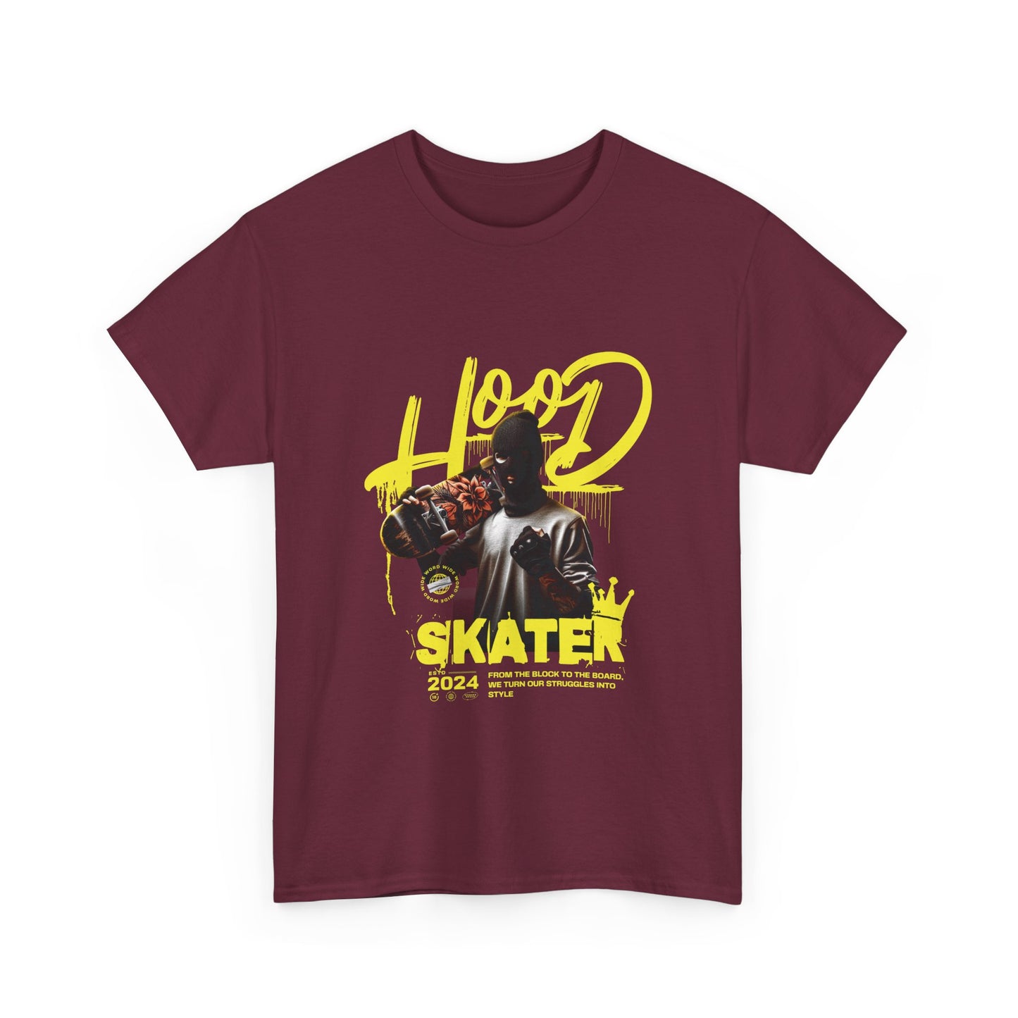 A maroon graphic t-shirt with a printed design of a masked skater and the text 'hood skater' in stylized fonts, indicating a bold urban style.