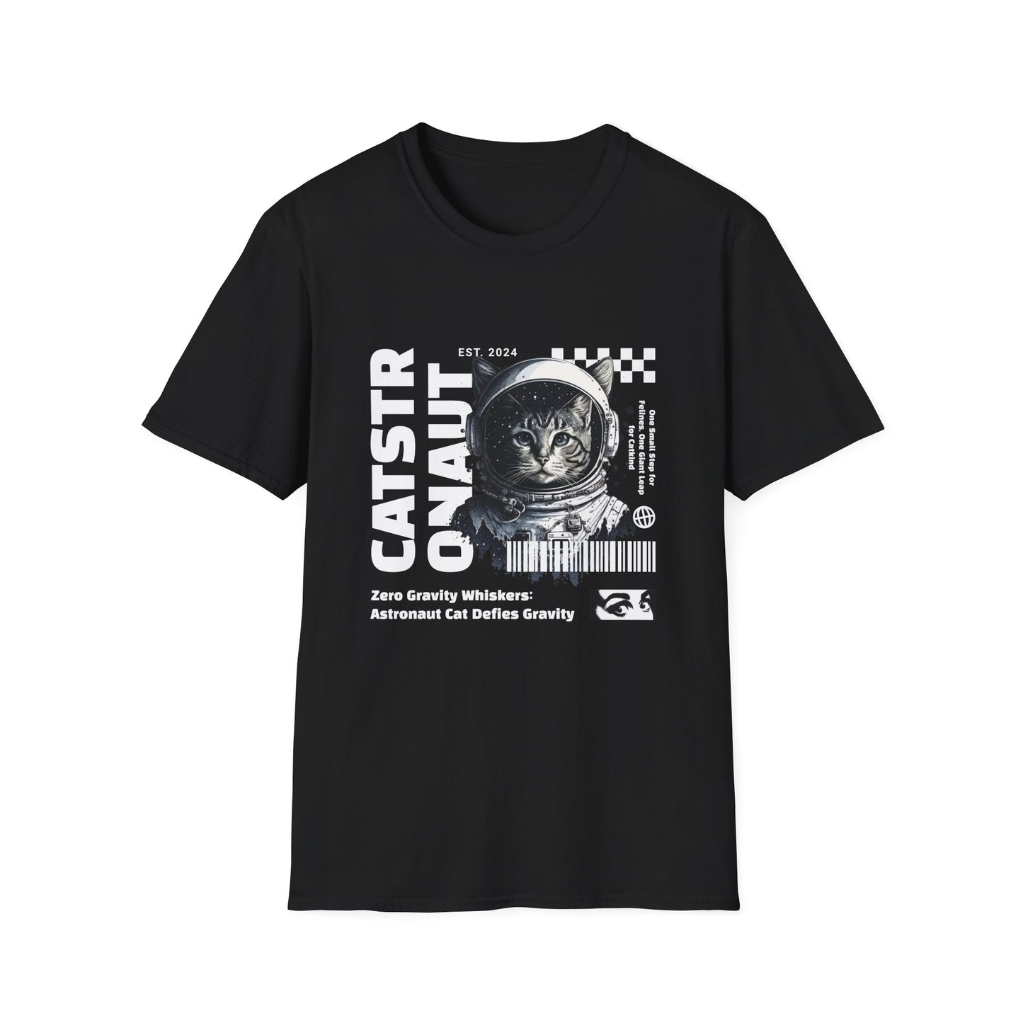 Black t-shirt with a graphic print of a cat wearing a space suit on the front.