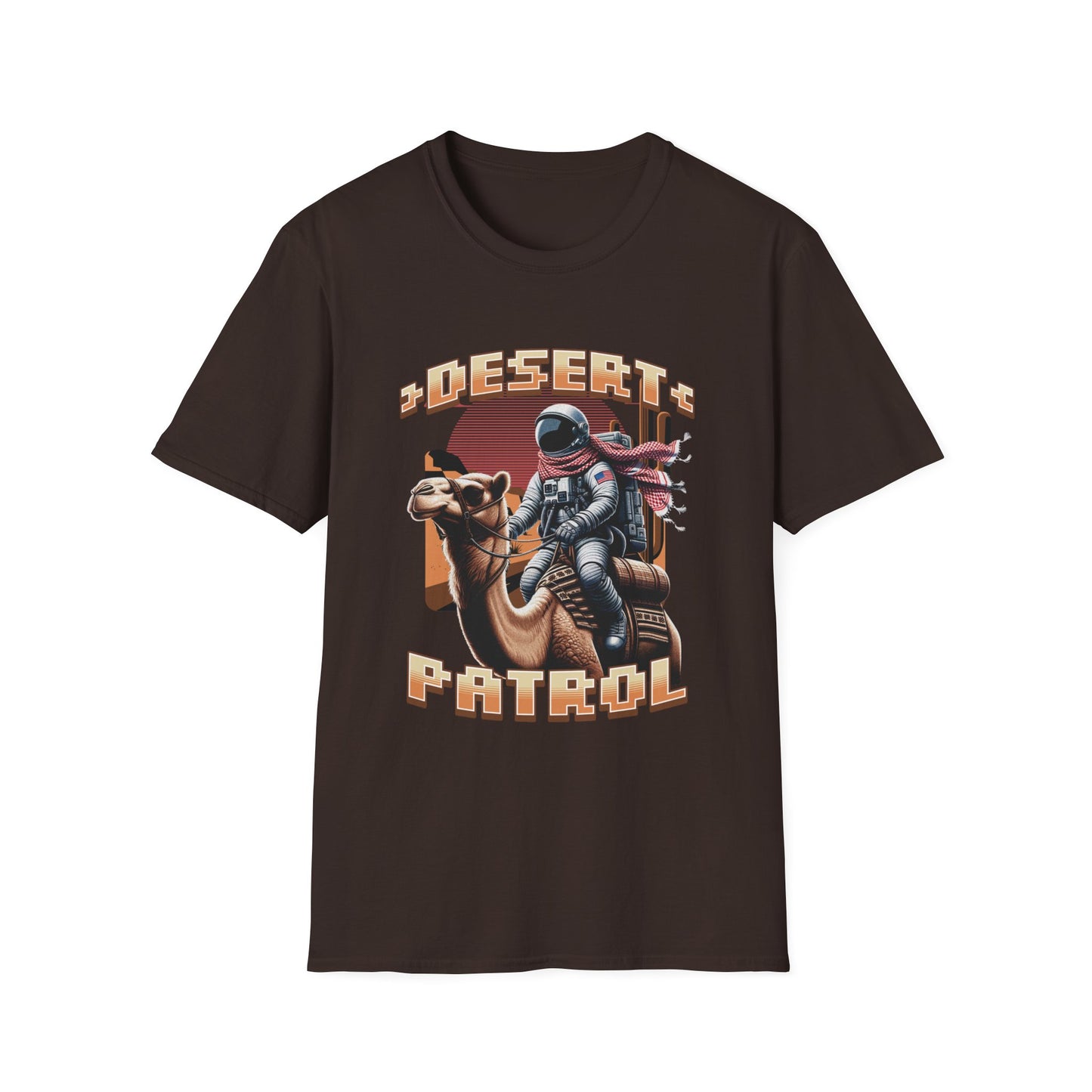 A brown graphic t-shirt featuring an astronaut riding a camel with the text 'DESERT PATROL' below it.