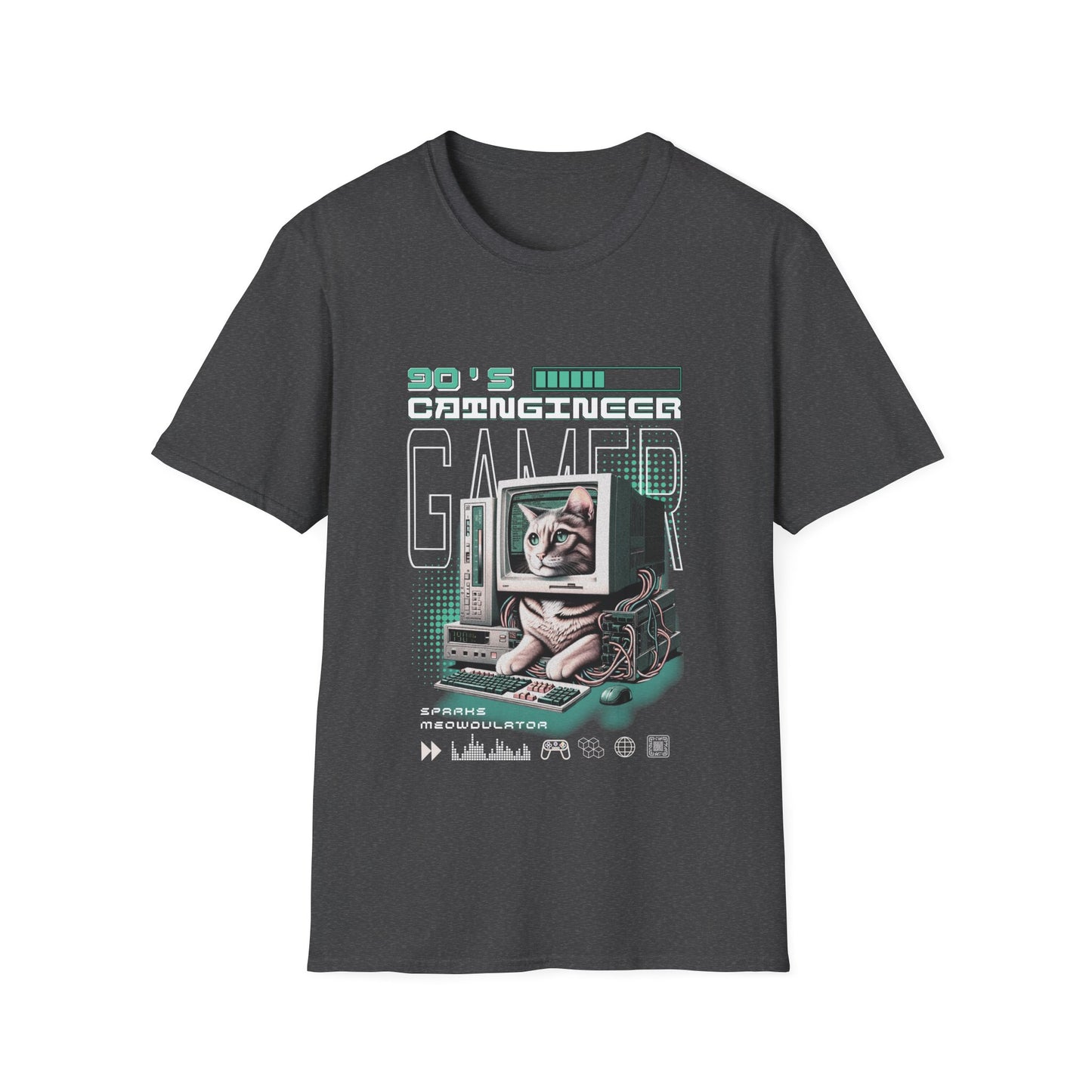 Dark heather gray t-shirt with a graphic of a cat with a computer '90's Gamer ' text.