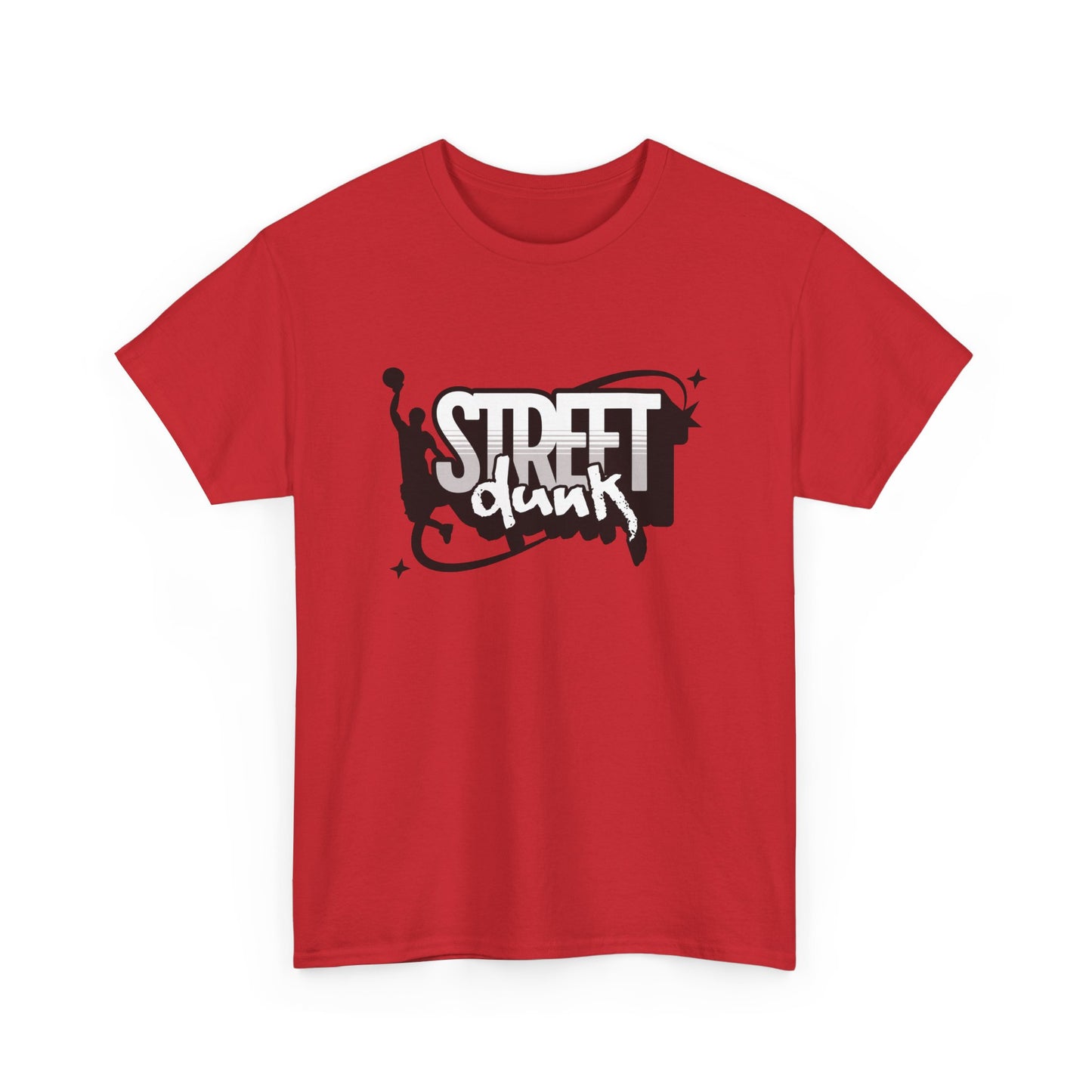 A red crew neck t-shirt with 'Street Dunk' text in black on the front and basketball player graphic.