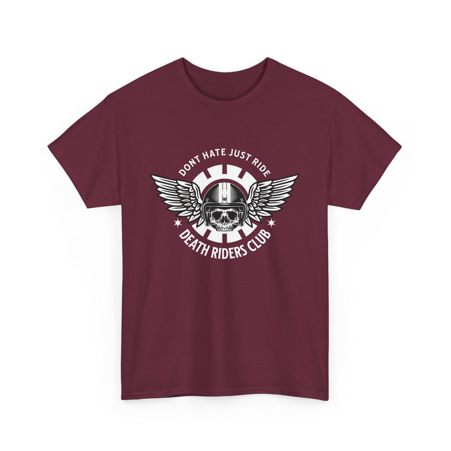 A maroon t-shirt with a skull with wings logo, and the text 'Death Riders Club' printed on the front.