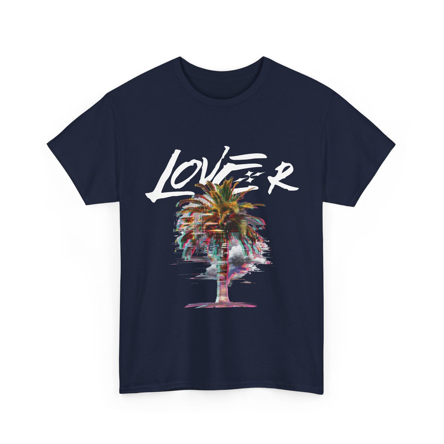 A navy t-shirt with a glitch palm tree design and the word 'lover' printed on the front.