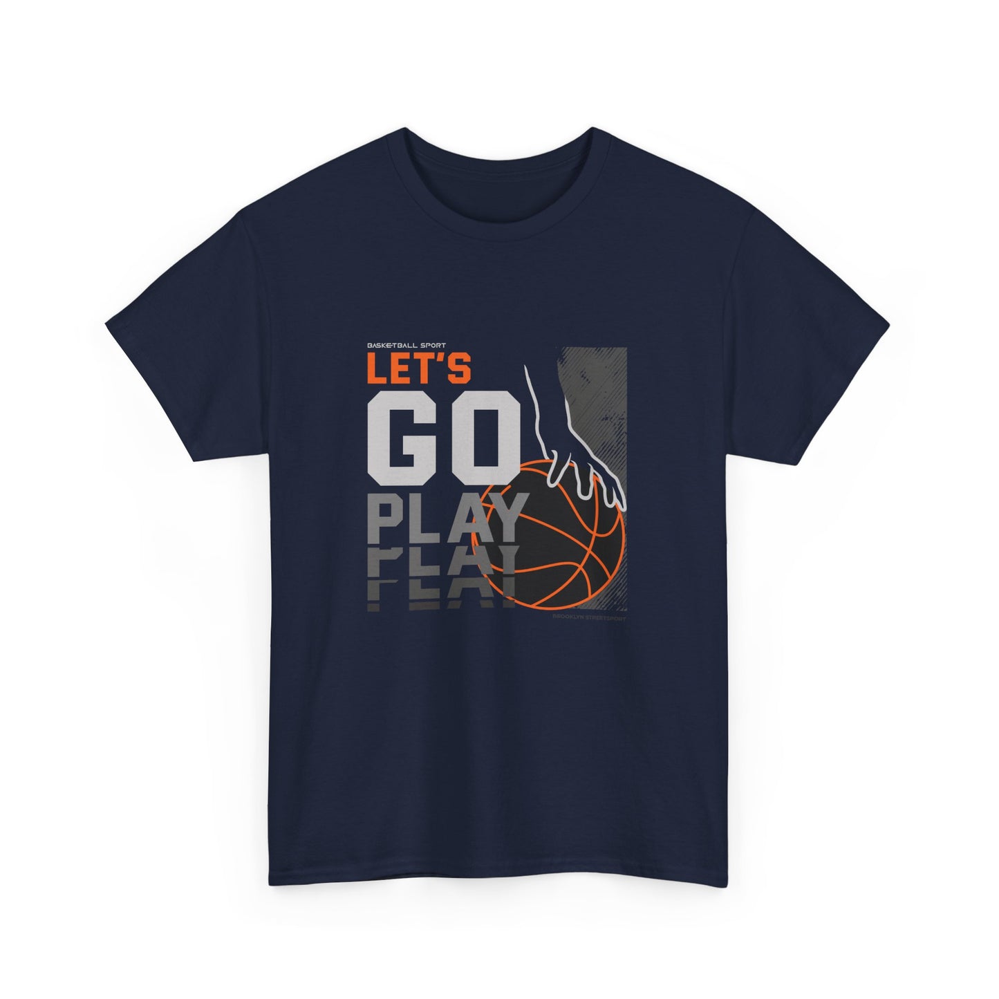 A navy blue t-shirt with the text 'LET'S GO PLAY' and an orange graphic of a basketball.