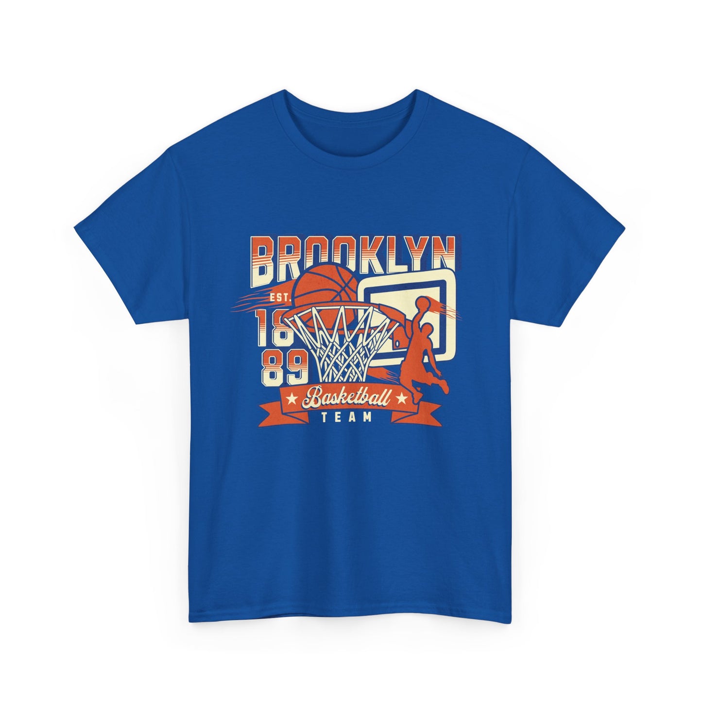 A royal blue t-shirt with a graphic print of a basketball and the text 'Brooklyn Basketball Team'.
