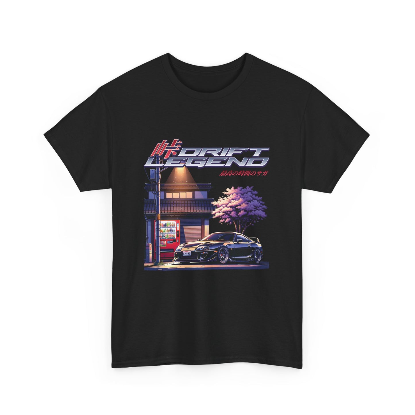 A black t-shirt with a graphic print of a car on a street corner with a storefront in the background, and the text 'DRIFT LEGEND' prominently displayed.