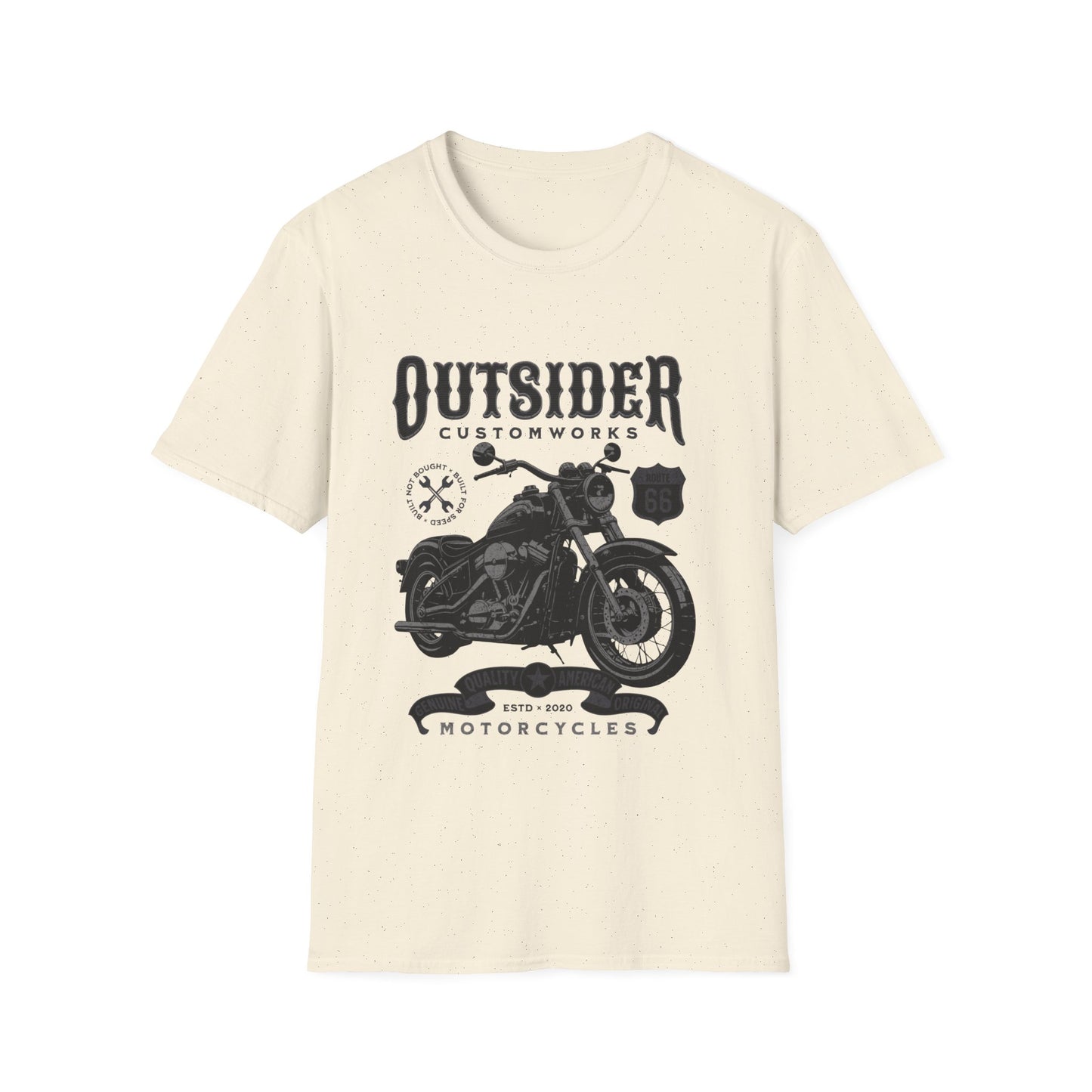 A natural off white t-shirt with a motorcycle graphic and text that reads "Outsider Custom Works"