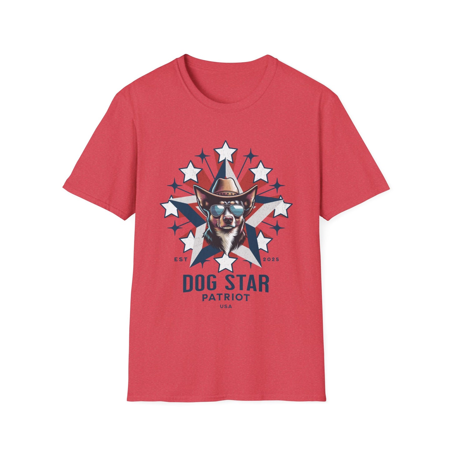 Red t-shirt with a graphic of a dog wearing a cowboy hat and sunglasses, surrounded by stars, on a white background.