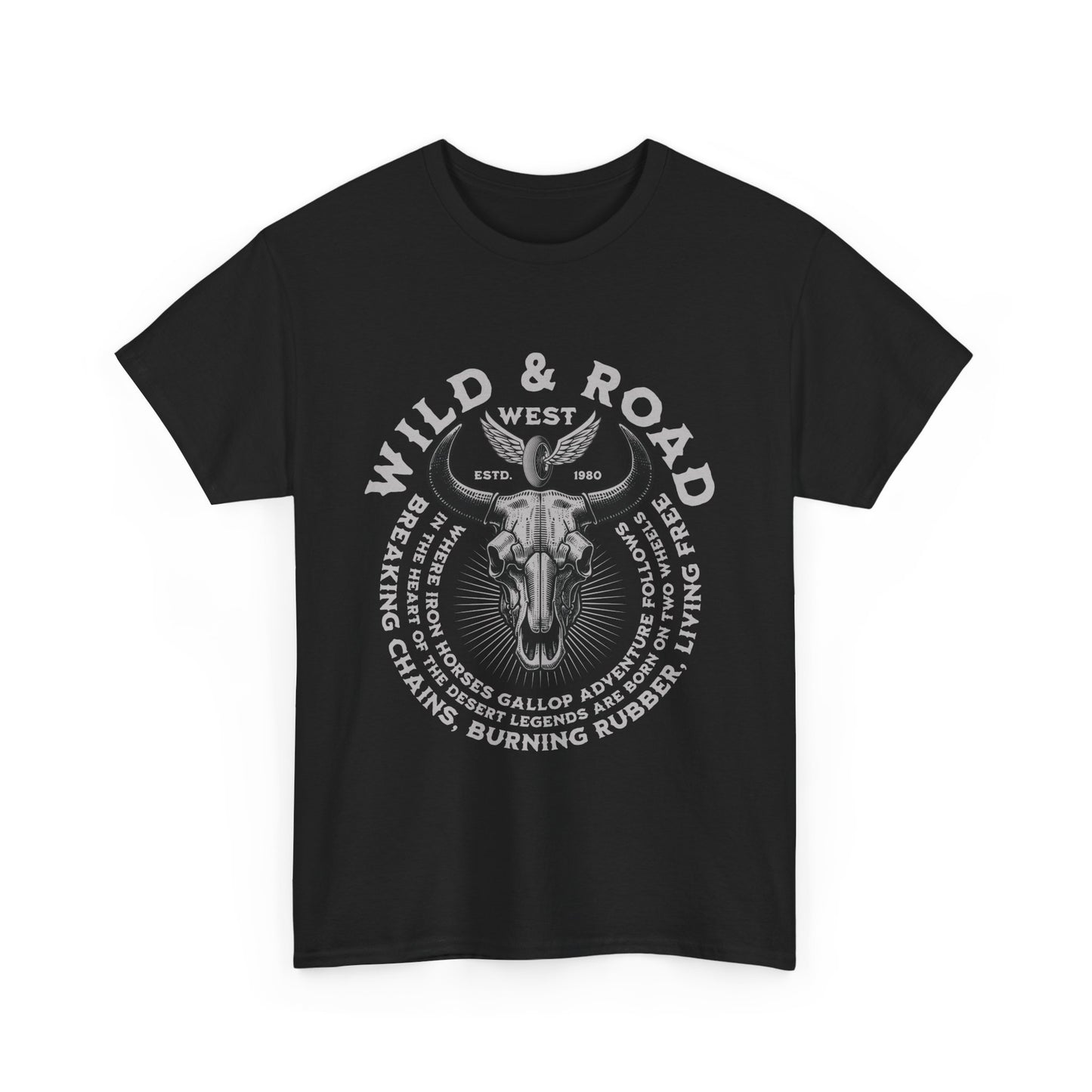 A black t-shirt with a bold cattle skull design and the text 'Wild & Road' on the front.