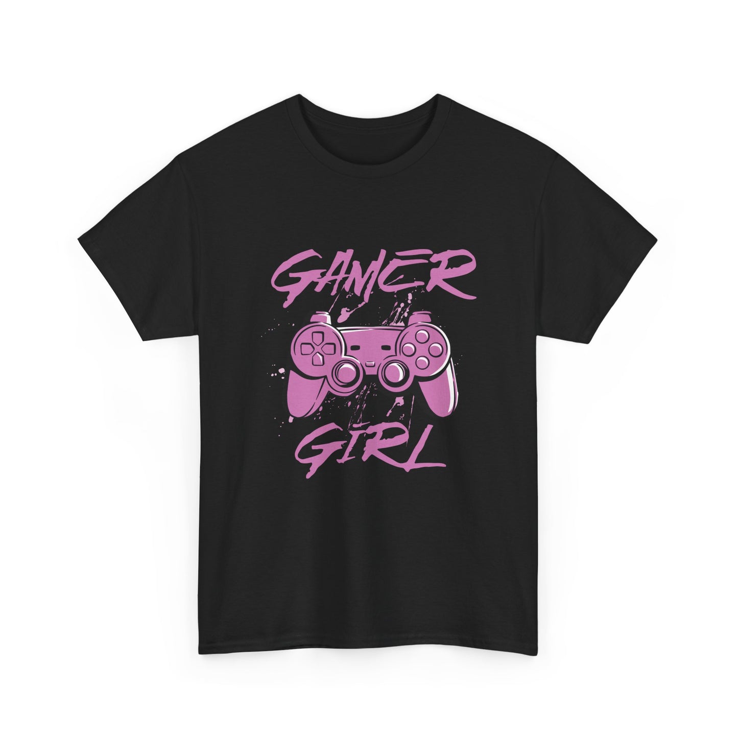 Black t-shirt with pink 'Gamer Girl' design featuring a gaming controller on a white background