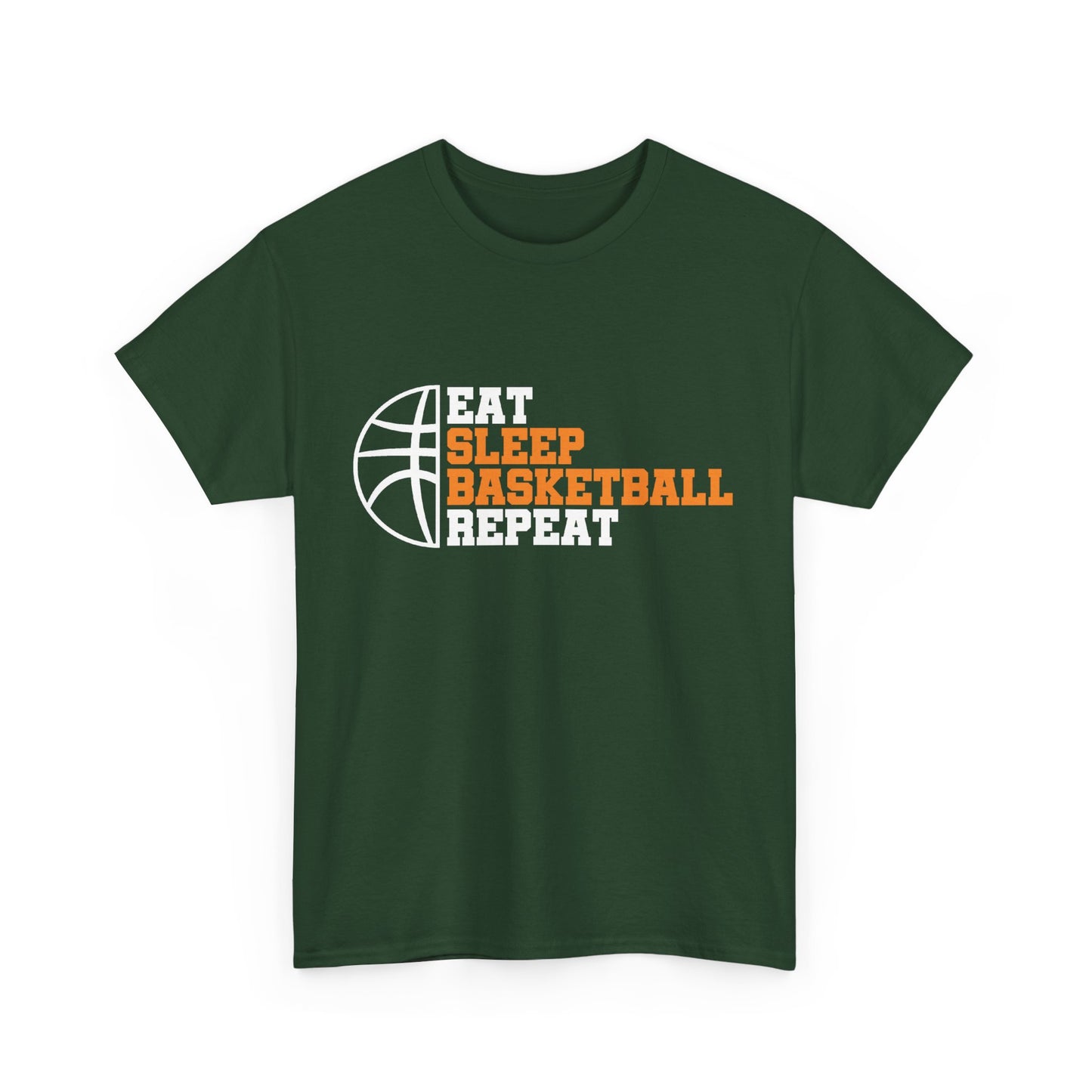 A green t-shirt with the text 'EAT SLEEP BASKETBALL REPEAT' and a basketball hoop graphic.