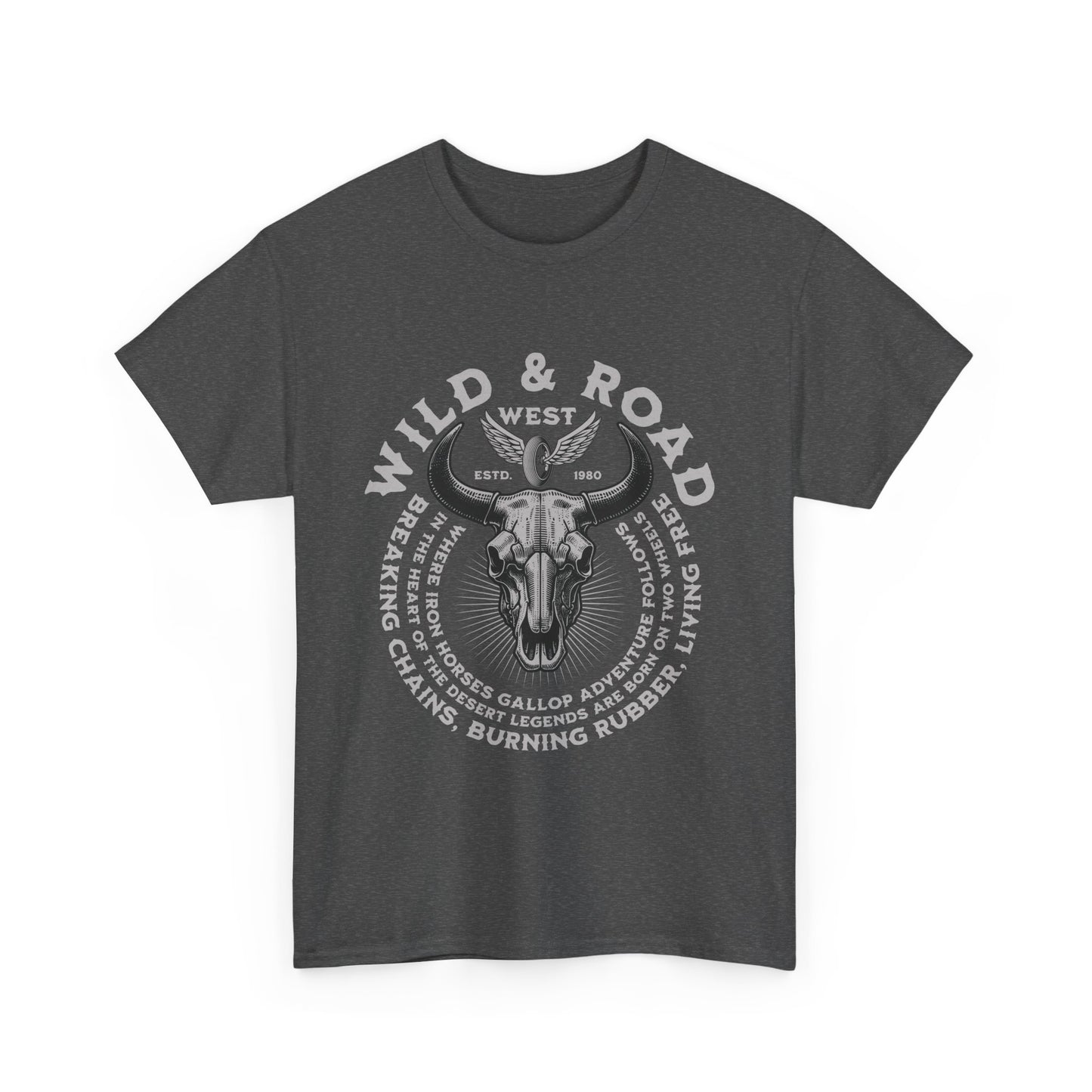 A dark heather grey t-shirt with a front graphic that reads 'Wild & Road' and features a bull skull design, indicating a rugged, adventurous theme.