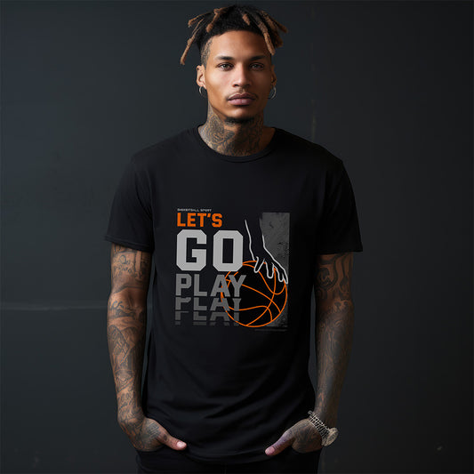 Man wearing a black Trancegaze basketball graphic t-shirt with 'Let's Go Play t-shirt with a basketball design.