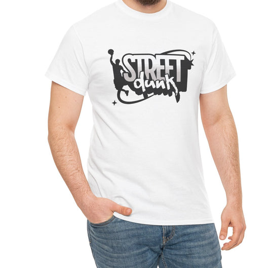 A man wearing a Trancegaze Street Dunk Basketball Tee in white. Urban streetwear graphic t-shirt featuring a stylized basketball player silhouette dunking next to bold graffiti-style text on a crisp white background.