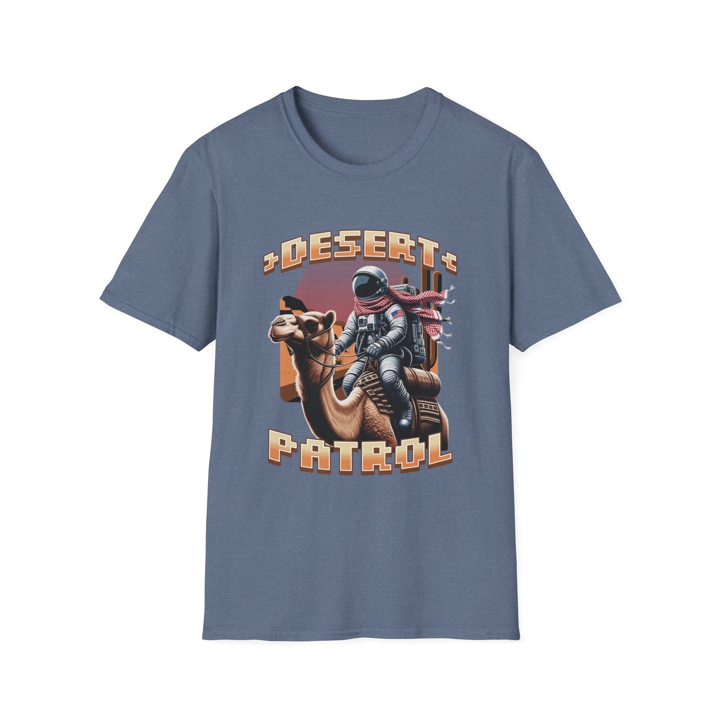 A indigo blue graphic t-shirt featuring an astronaut riding a camel with the text 'DESERT PATROL' below it.