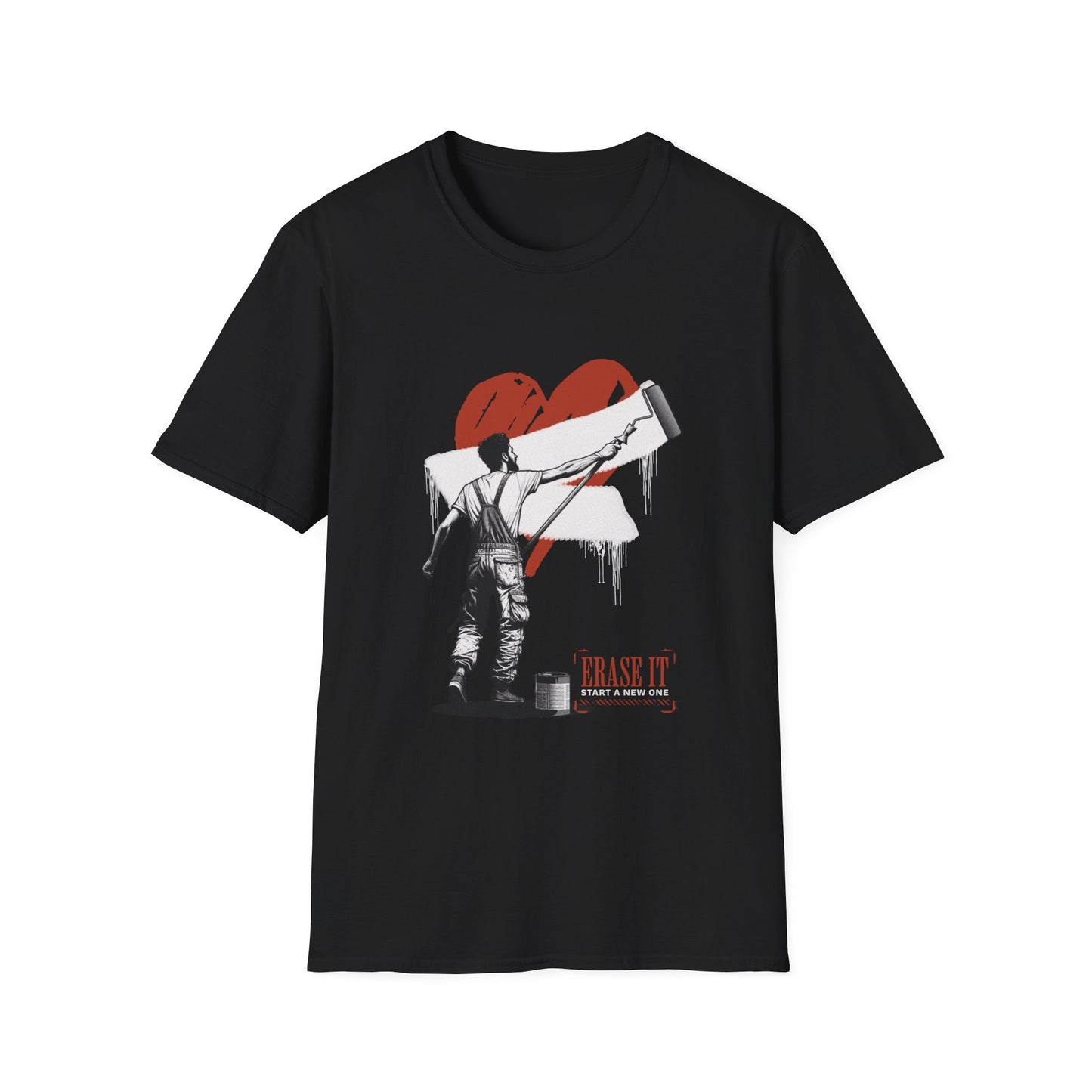 a black T-shirt depicting a man painting over a heart with a roller brush.