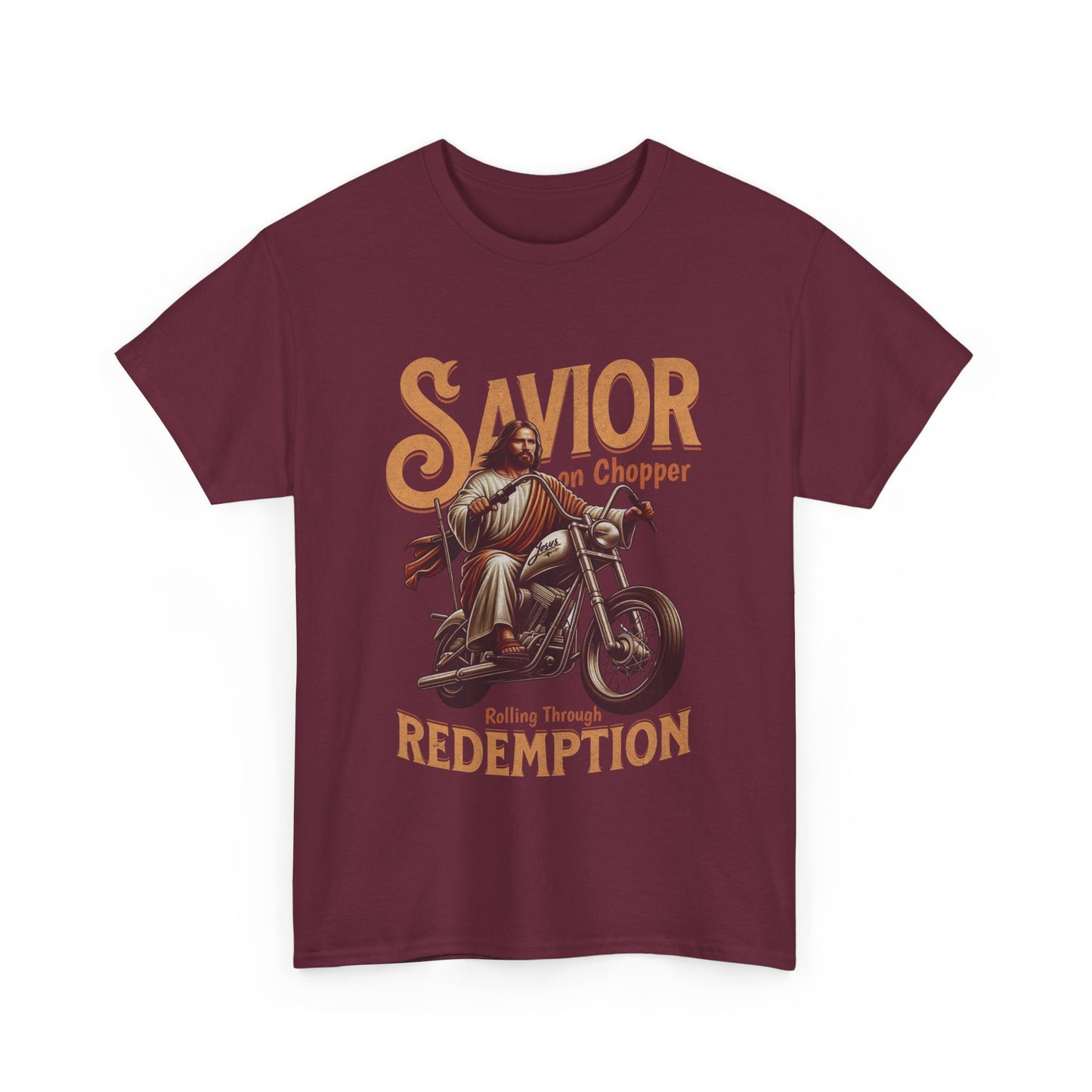 A maroon-colored t-shirt with the graphic of Jesus riding a motorcycle and the text 'Savior' and 'REDEMPTION' on it.