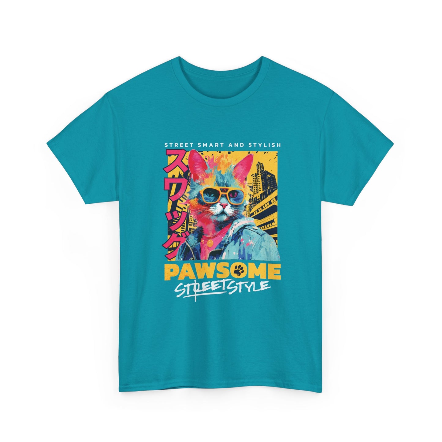 Turquoise t-shirt with a colorful graphic of a cat wearing sunglasses and text on a white background