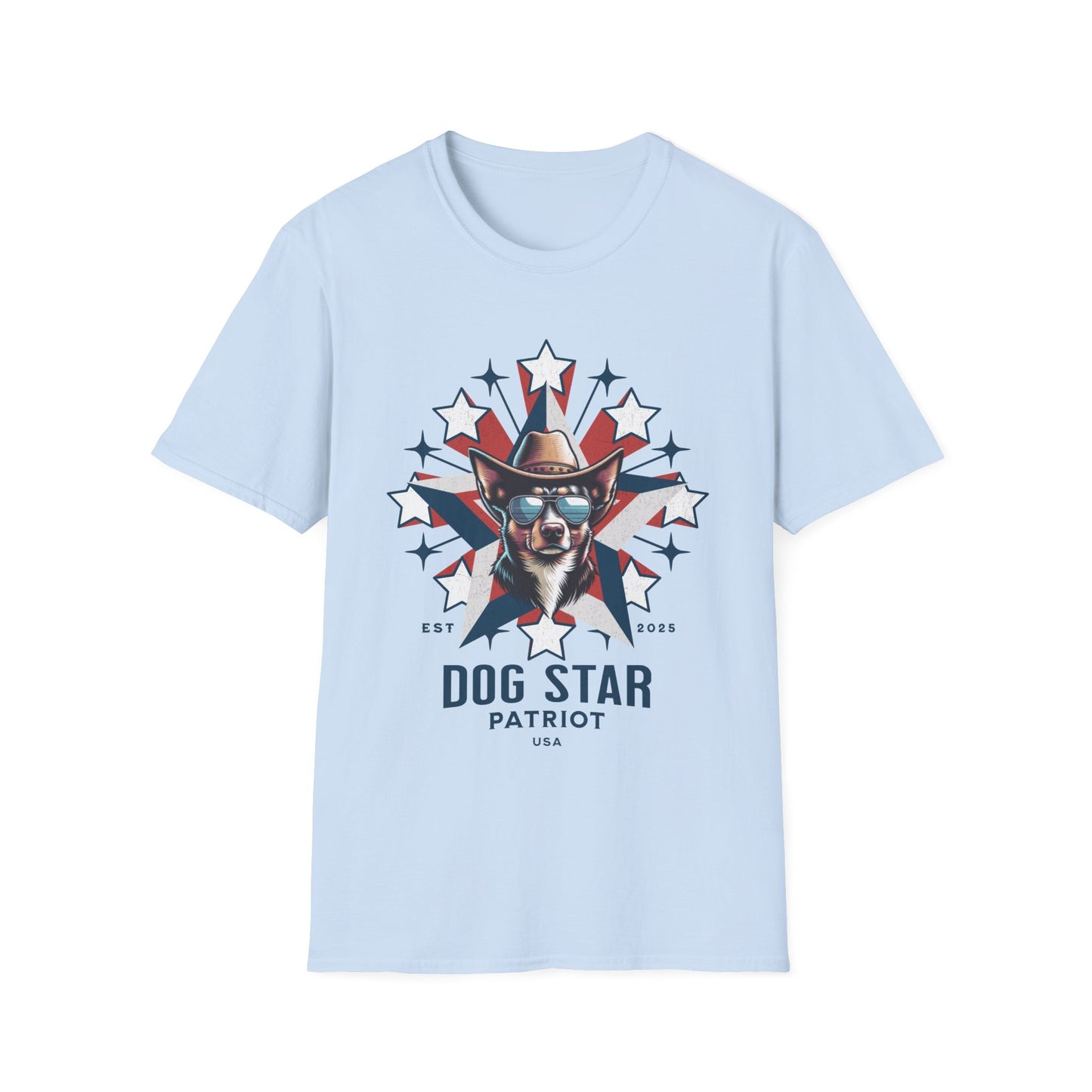 Light blue t-shirt with a graphic of a dog wearing a cowboy hat and sunglasses, with 'Dog Star Patriot USA' text on a white background.