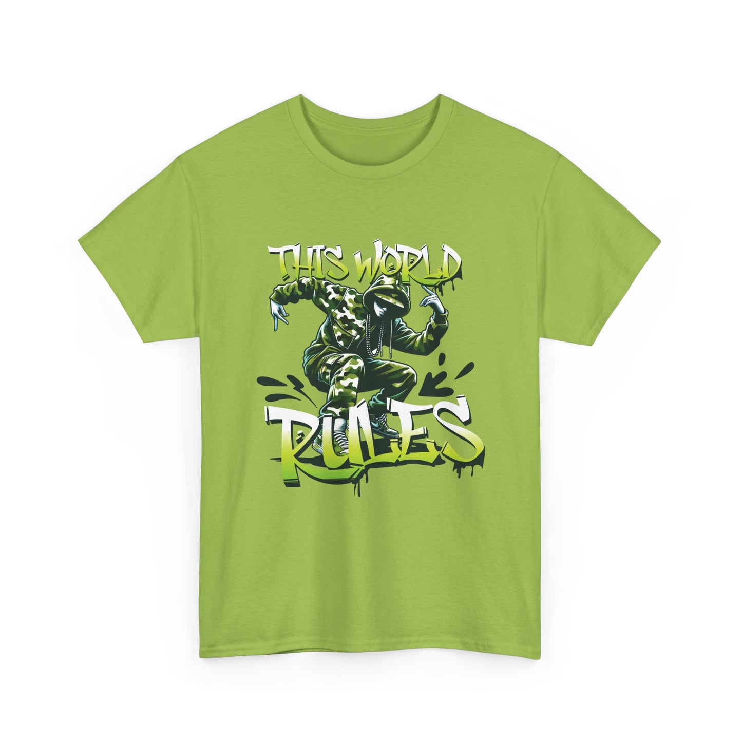 A kiwi green t-shirt with a breakdancer graphic and 'This World Rules' text.