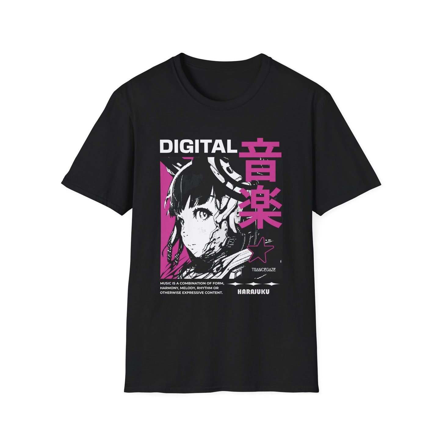 Black t-shirt with a graphic design featuring an anime-style character and text in pink and white.