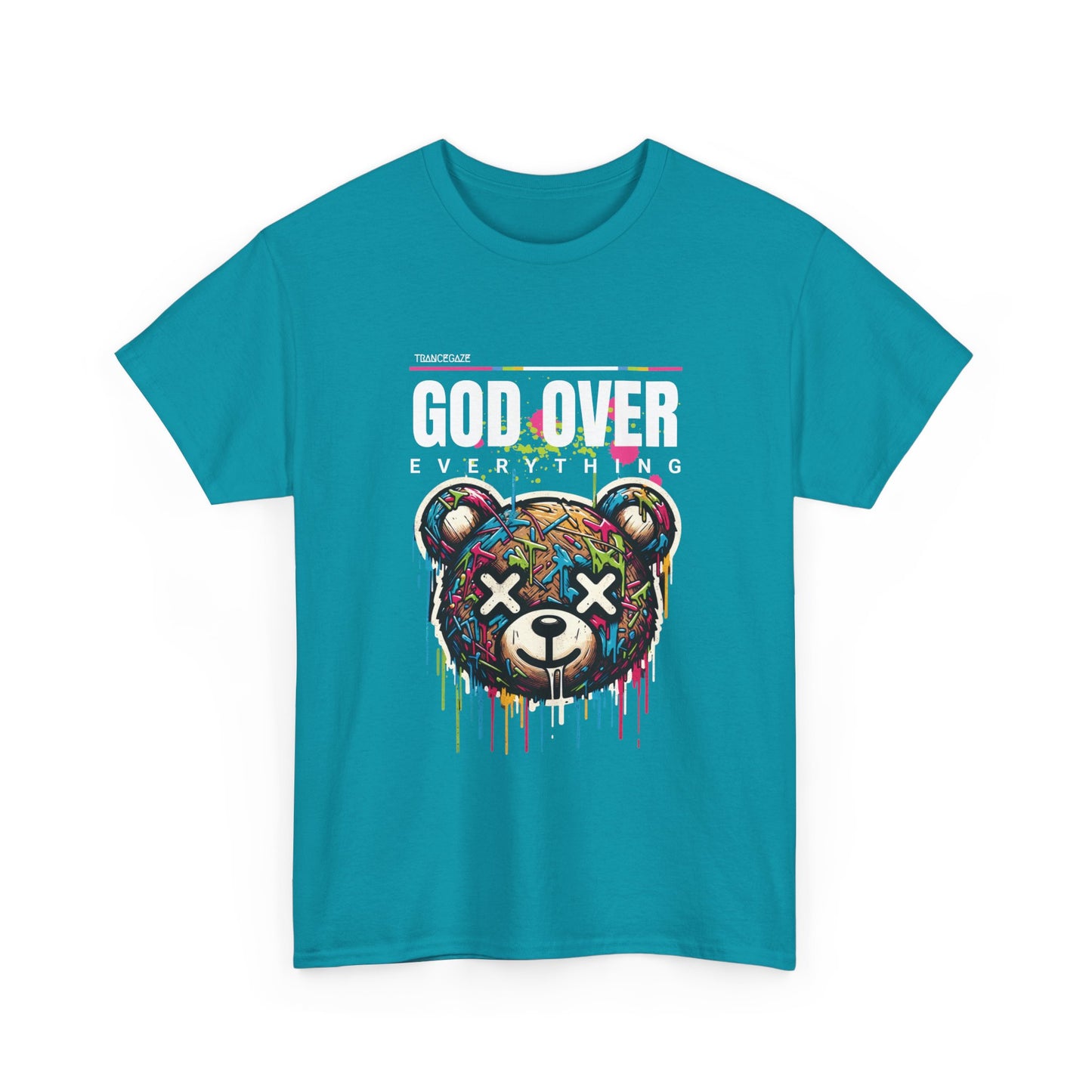 Aqua t-shirt with a colorful graphic of a bear and the text 'GOD OVER EVERYTHING' on the front.