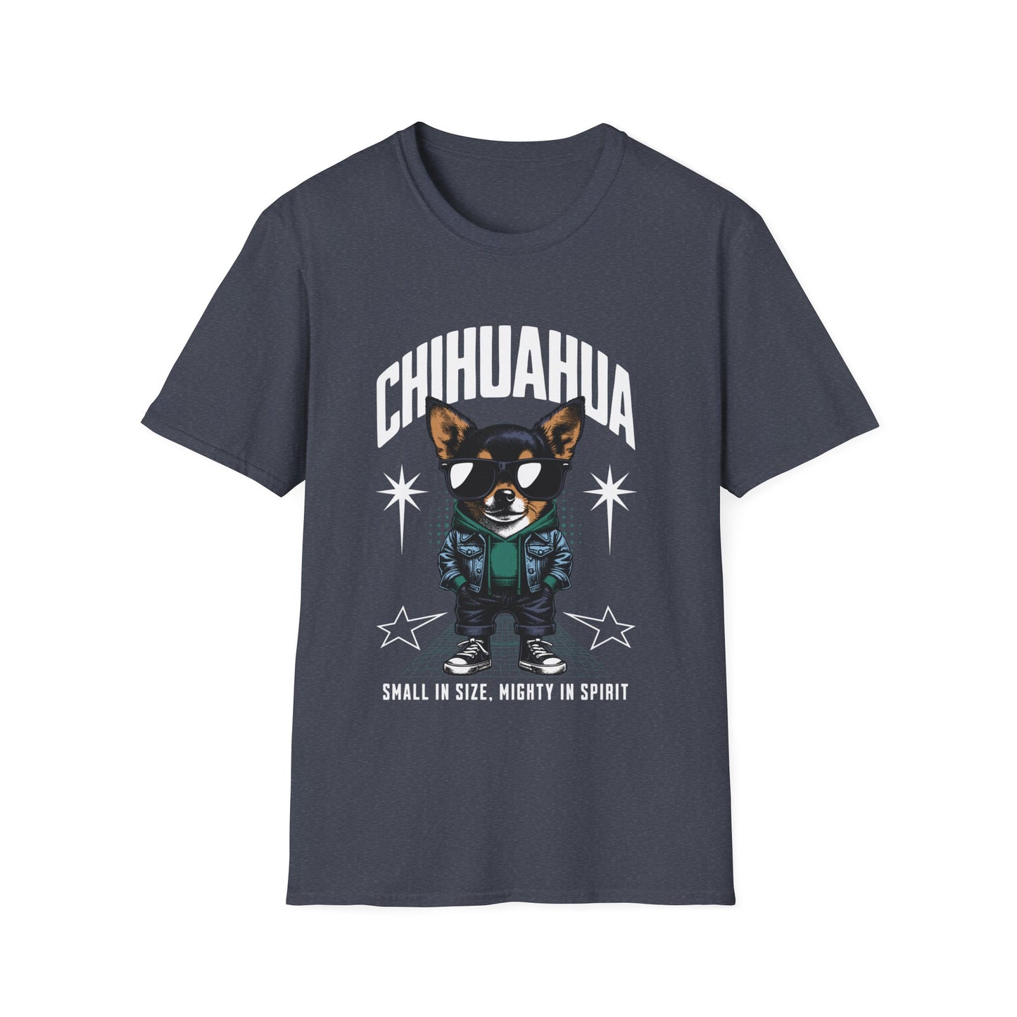 A heather navy graphic t-shirt featuring an illustration of a chihuahua dog with the text 'CHIHUAHUA' and star decorations.