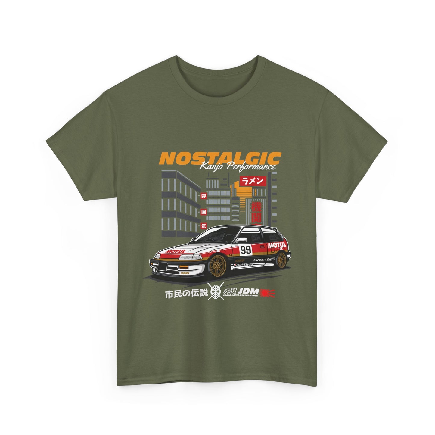 A military green t-shirt featuring a graphic print of a classic Honda Civic drift car with 'Nostalgic' and 'Race on' text, along with sponsor logos.