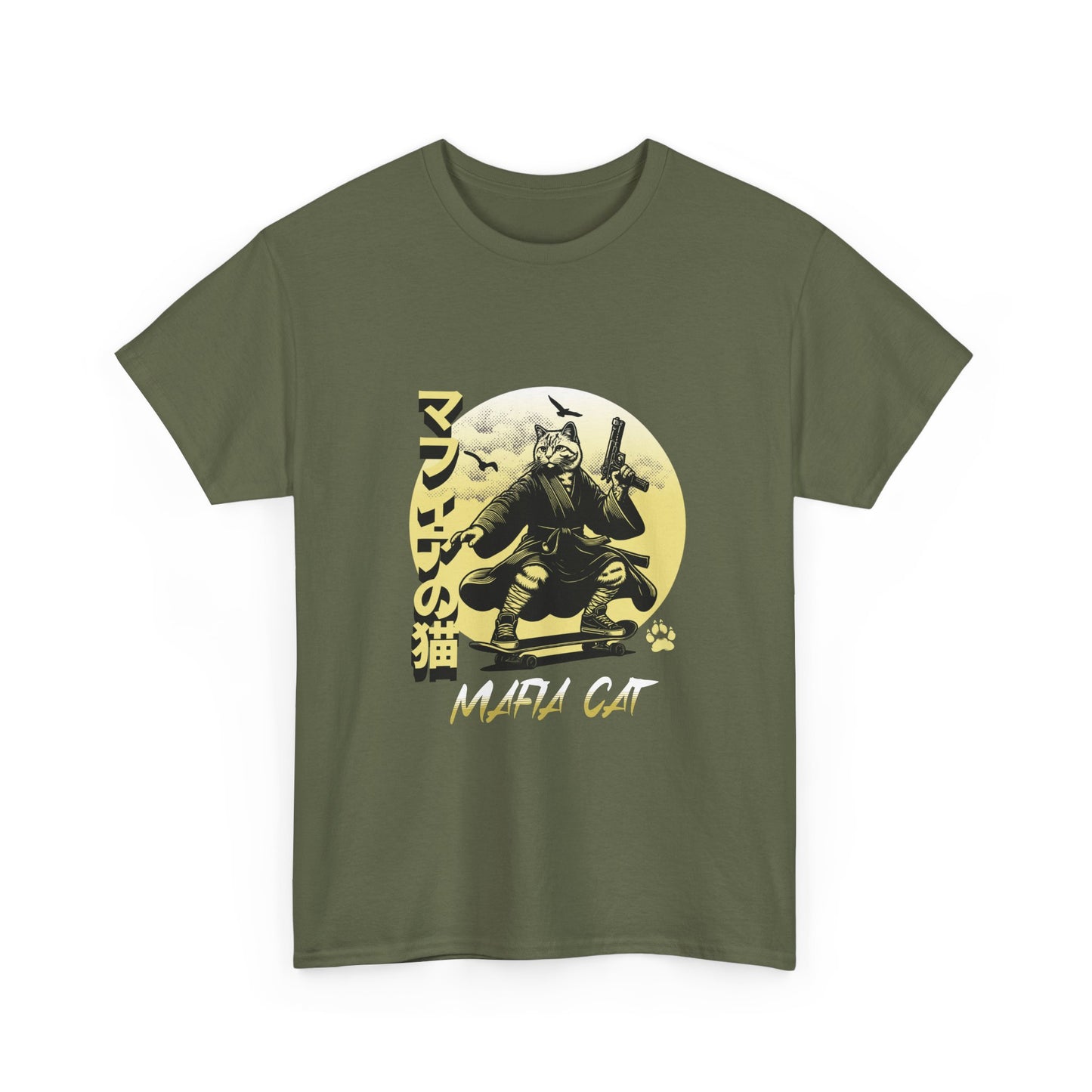 Military Green t-shirt with a graphic design of a cat in a samurai outfit and text on a white background