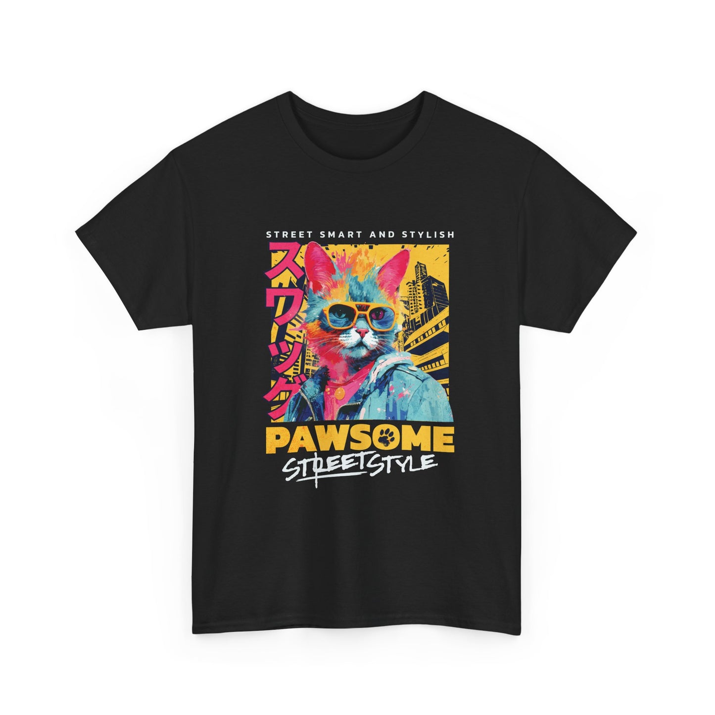 Black t-shirt with a colorful graphic of a dog wearing sunglasses and text on a white background