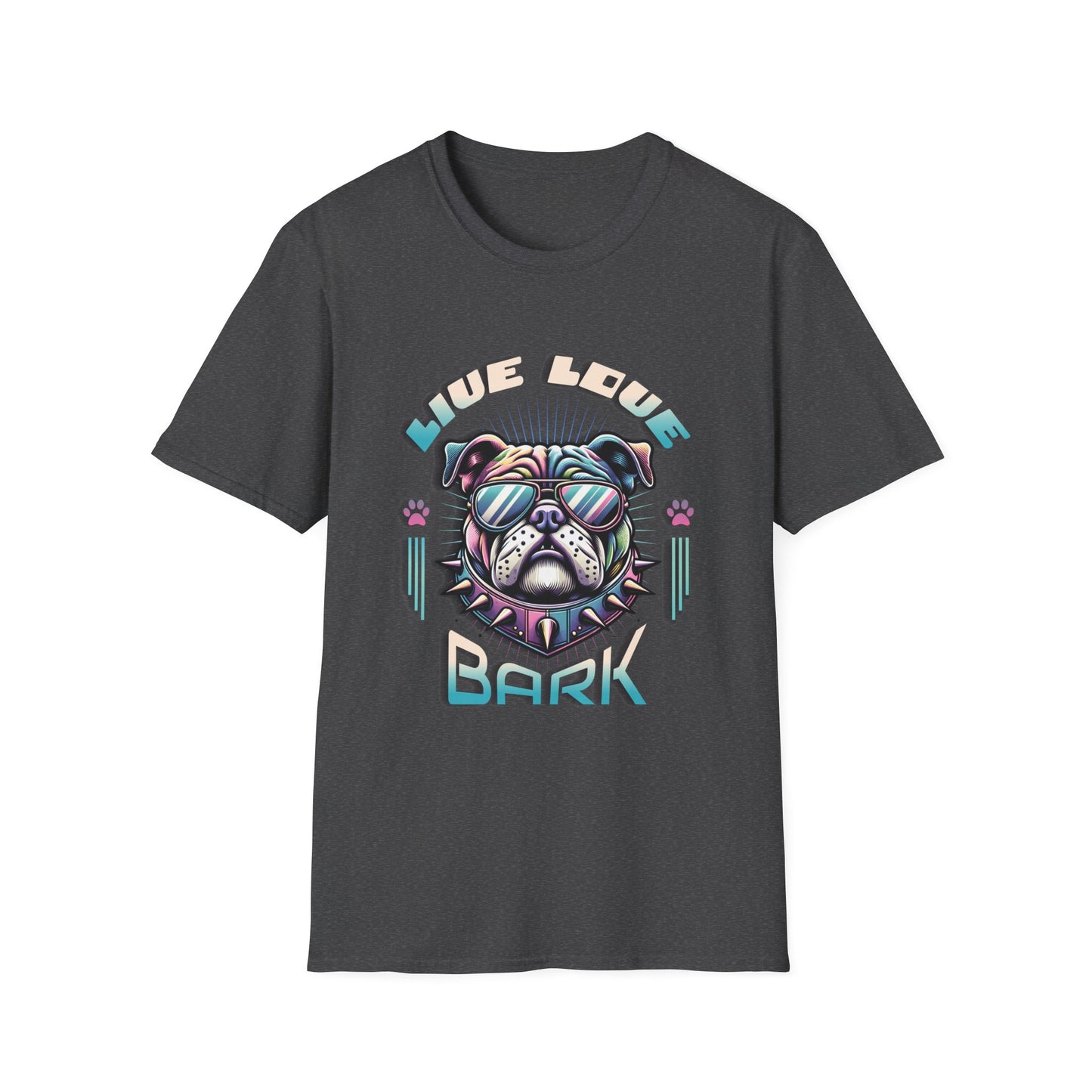 Heather grey t-shirt with bulldog graphic "Live, Love, Bark" text.