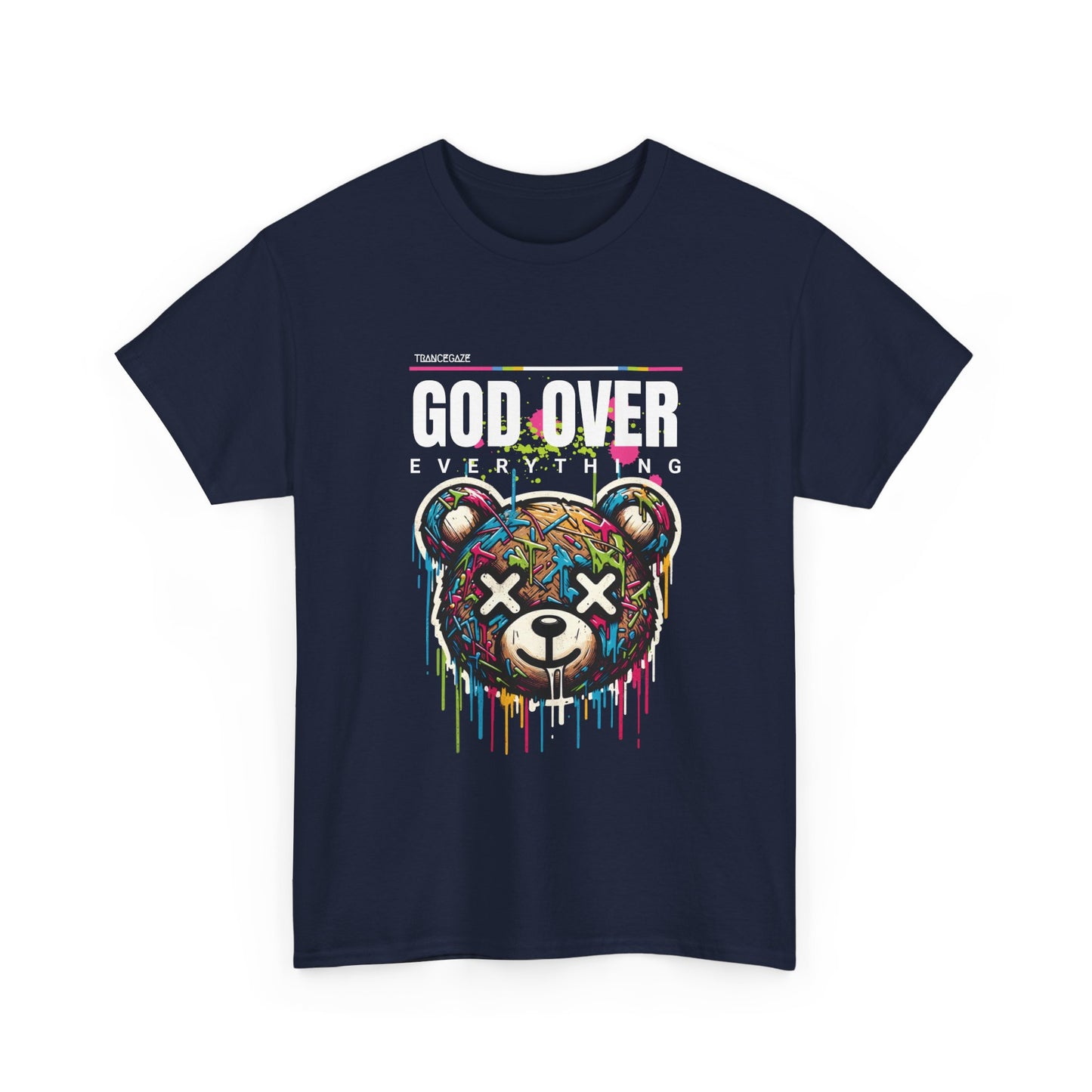 A navy blue t-shirt with a colorful graphic of a bear and the text 'GOD OVER EVERYTHING' on the front.