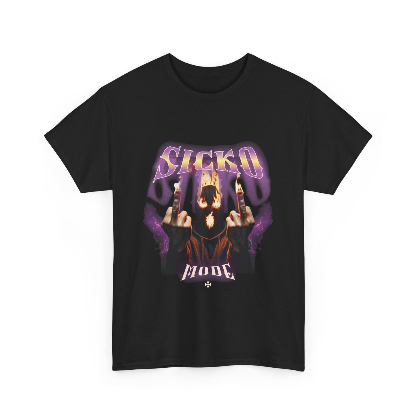 A black t-shirt with a graphic print that includes the text 'Sicko Mode' and a masked person making a gesture.