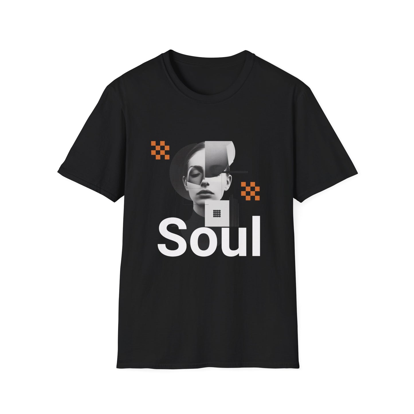 Black graphic t-shirt depicting a collage and text that reads SOUL.