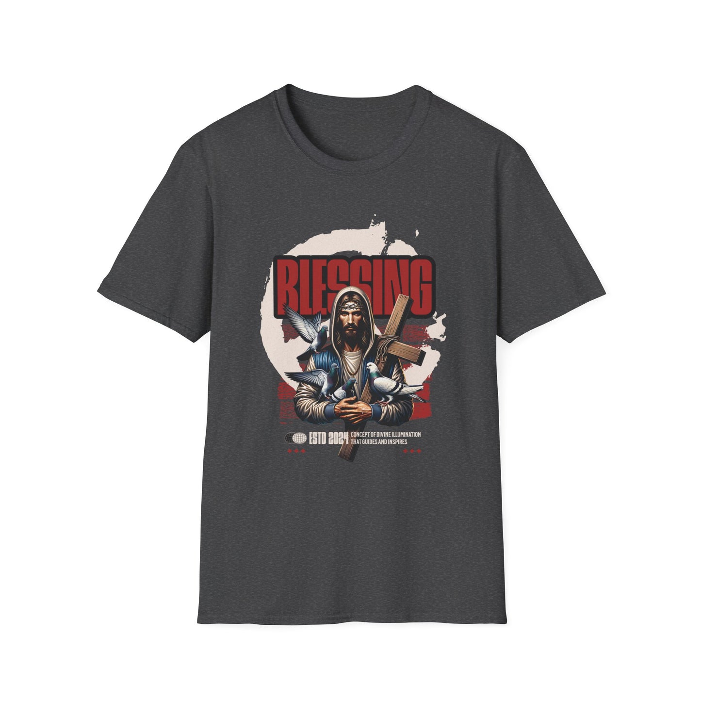 Jesus with a cross 'Blessing' text on a heather grey t-shirt