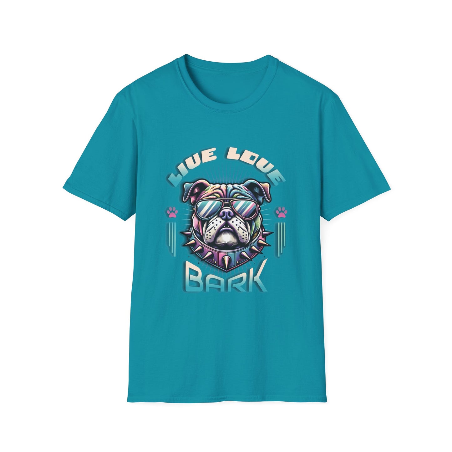 Turquois blue t-shirt with bulldog graphic "Live, Love, Bark" text.