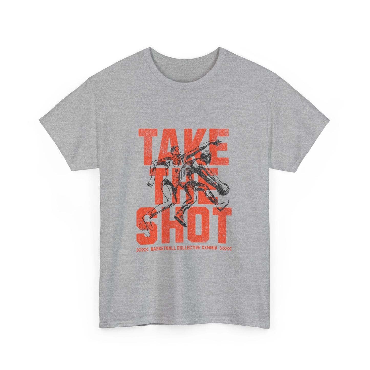 A sport grey t-shirt with a basketball player silhouette and the text 'Take the shot' printed in orange.