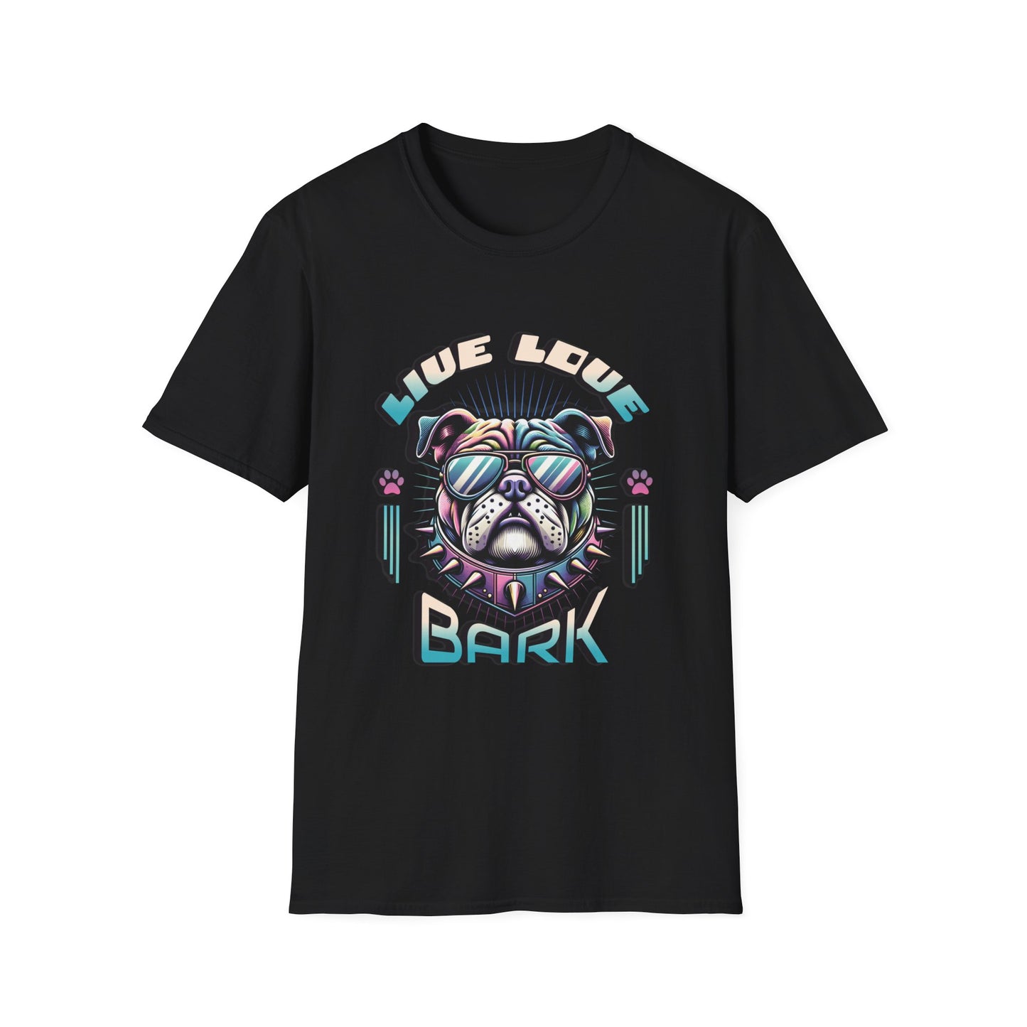Black t-shirt with bulldog graphic "Live, Love, Bark" text.