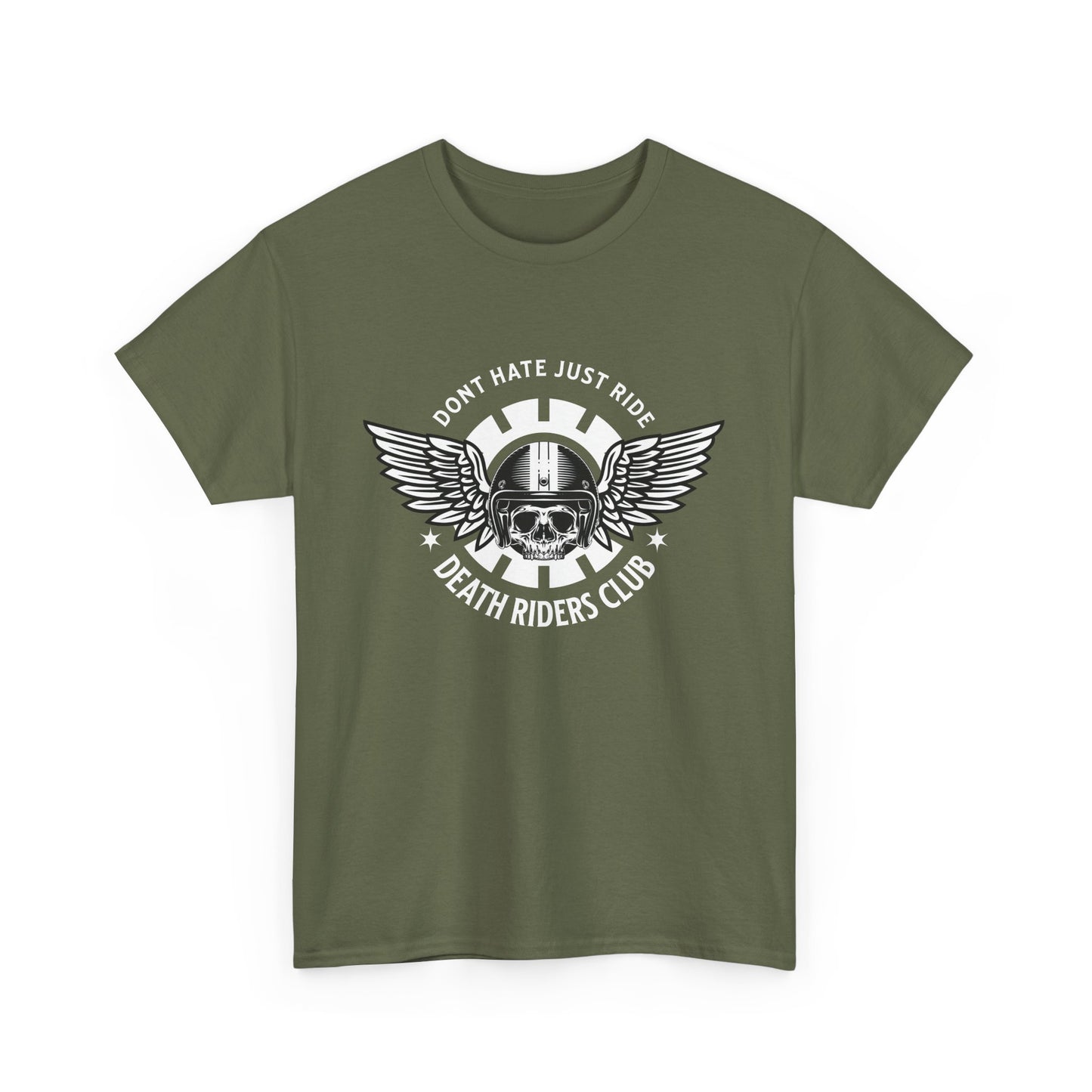 A khaki green t-shirt with a skull with wings logo, and the text 'Death Riders Club' printed on the front.