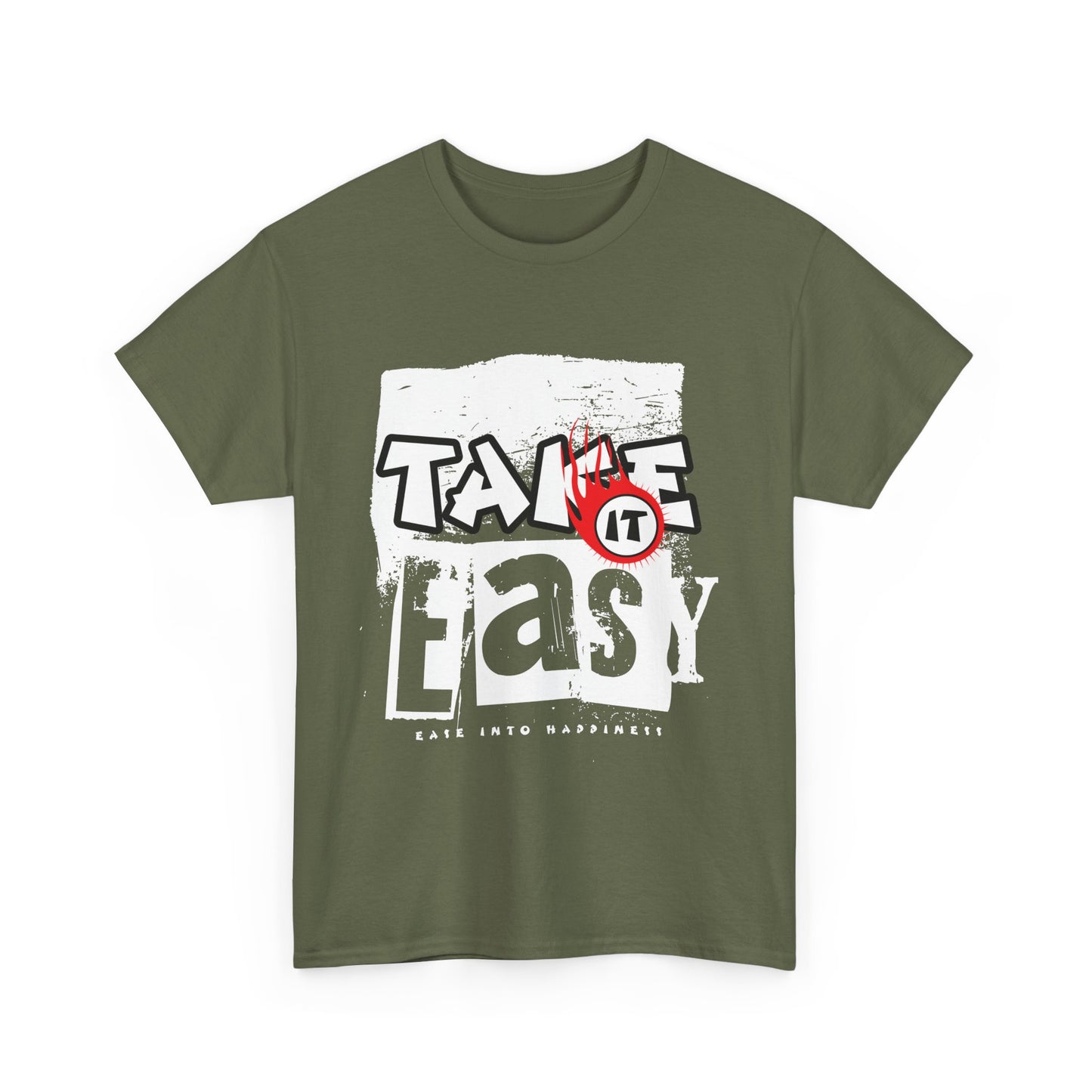 A military green t-shirt with text 'Take it easy' in grunge style.