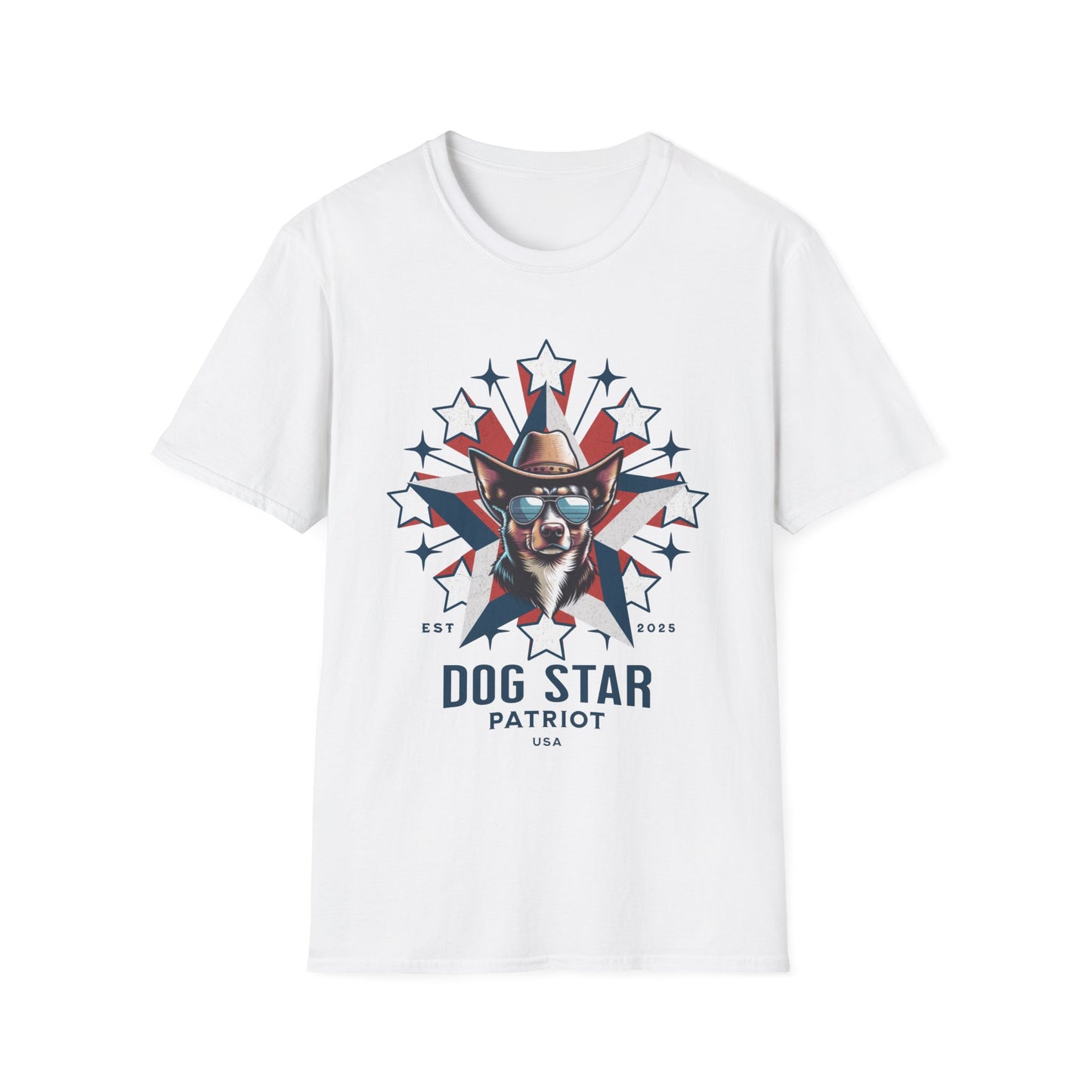 White t-shirt with 'Dog Star Patriot' graphic design on a white background