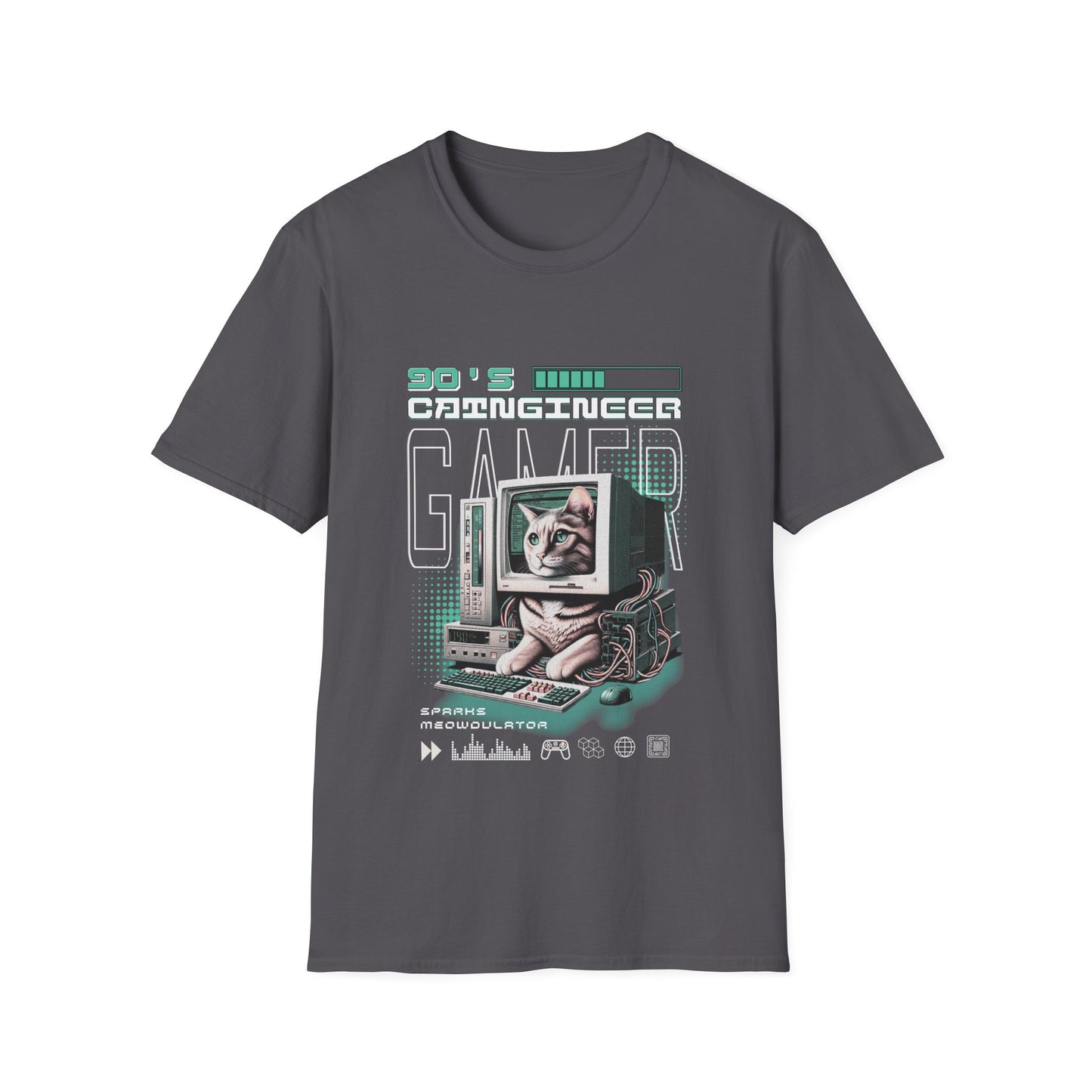 Gray t-shirt with a graphic of a cat on a computer screen and text '90s Catngineer Gamer' on a white background.