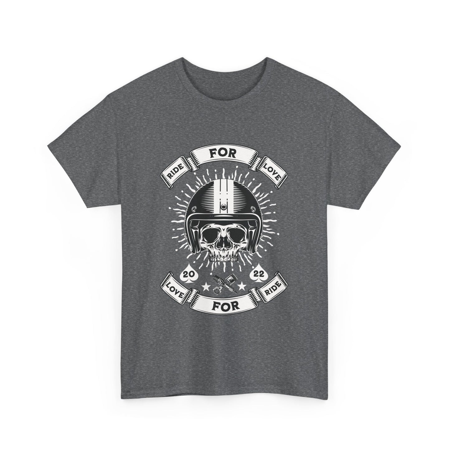 A heather Gildan 5000 unisex t-shirt with a skull rider graphic.