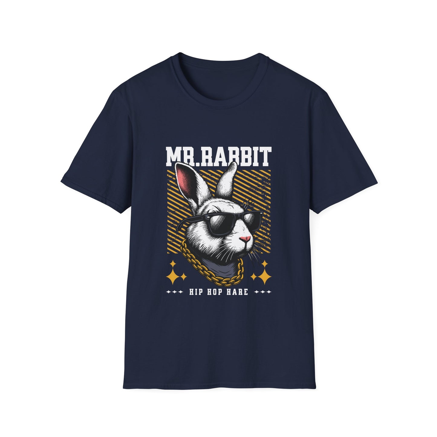 Hip hop rabbit graphic on a navy blue t-shirt.